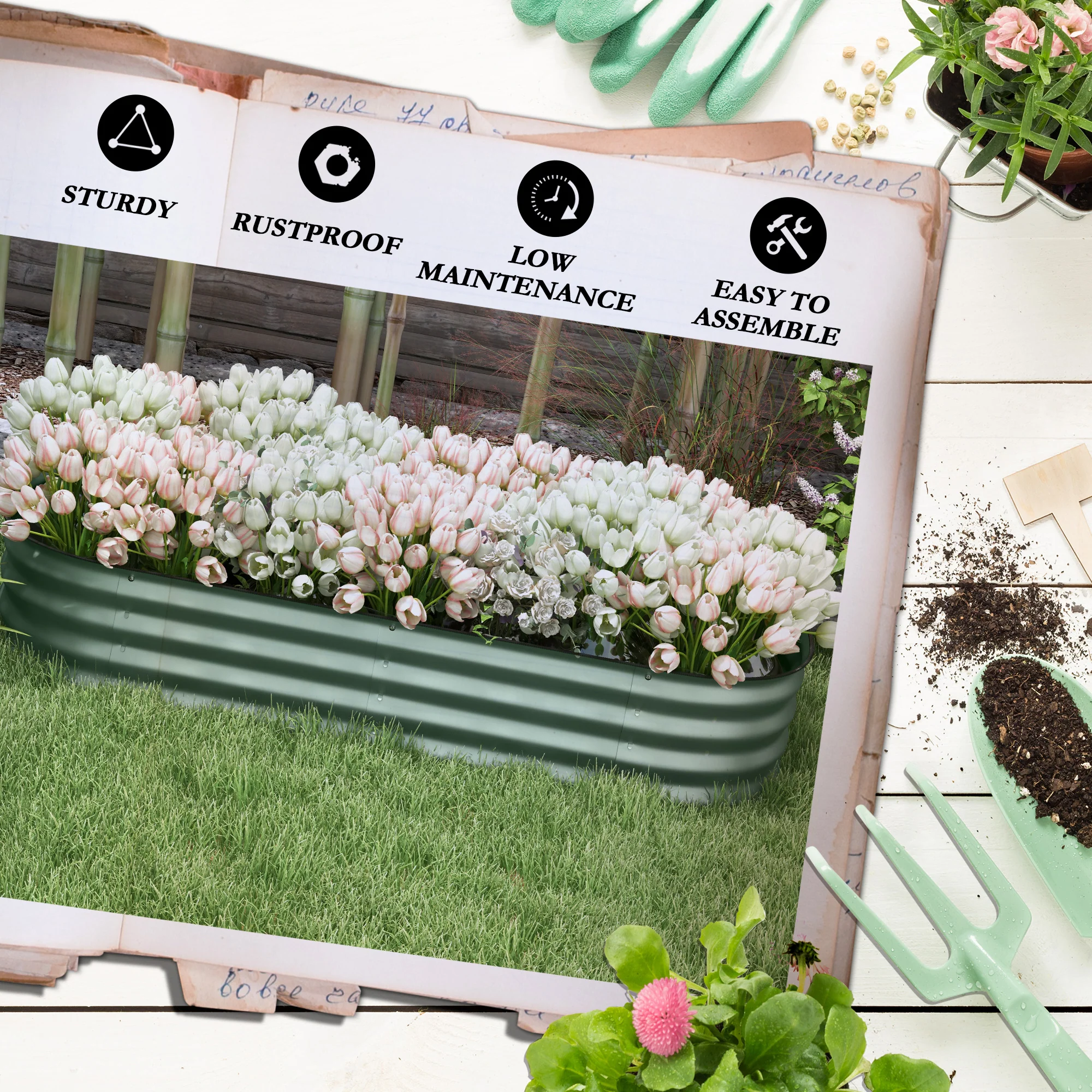 Outsunny Galvanised Raised Garden Bed Planter Box with Safety Edging, Green - Image 7