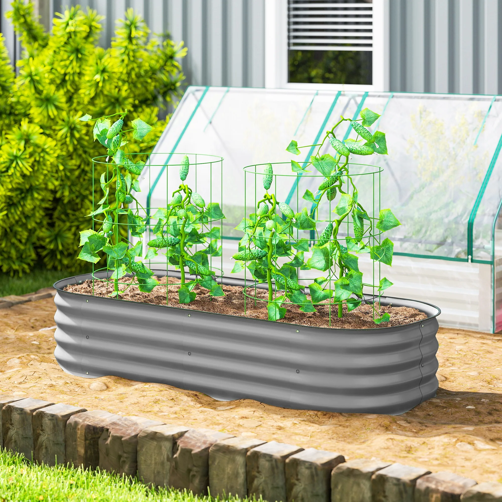 Outsunny Galvanised Raised Garden Bed Planter Box with Safety Edging Silver - Image 2