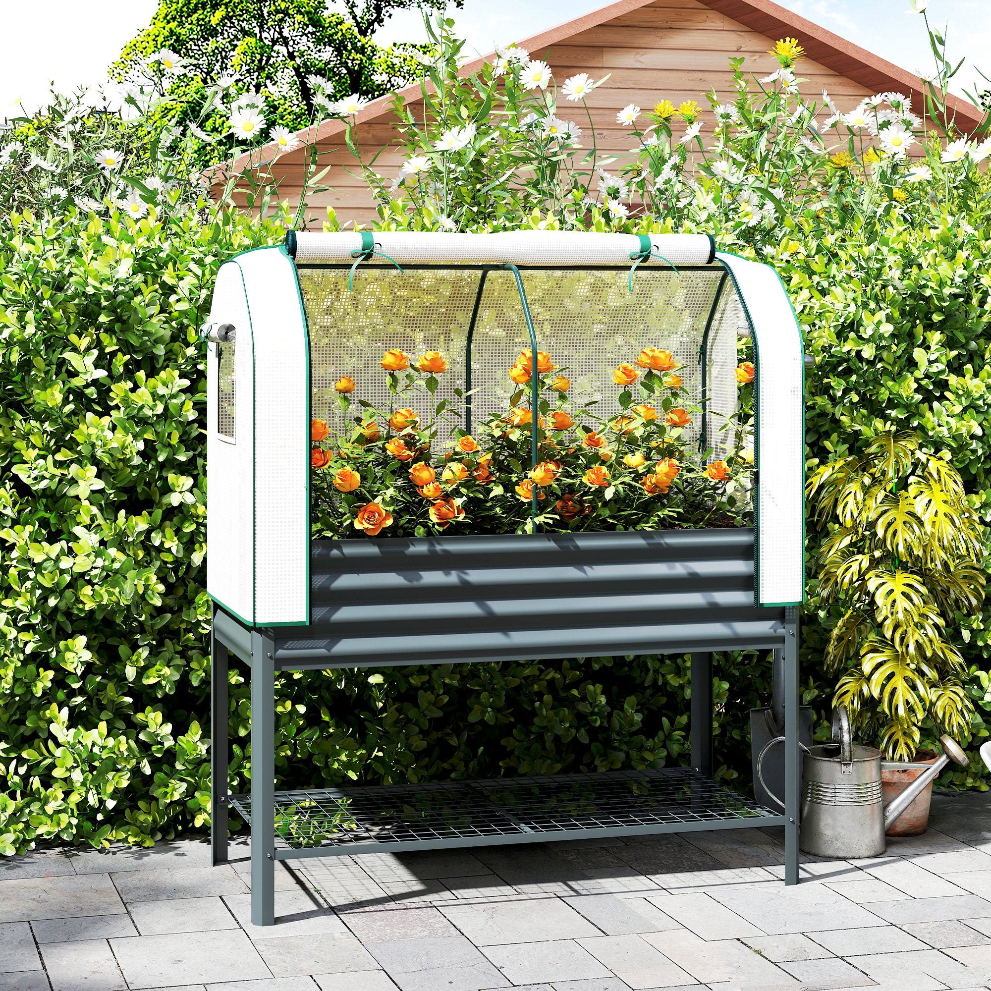 Outsunny Galvanised Raised Planter with Greenhouse Cover and Bottom Shelf - Image 2
