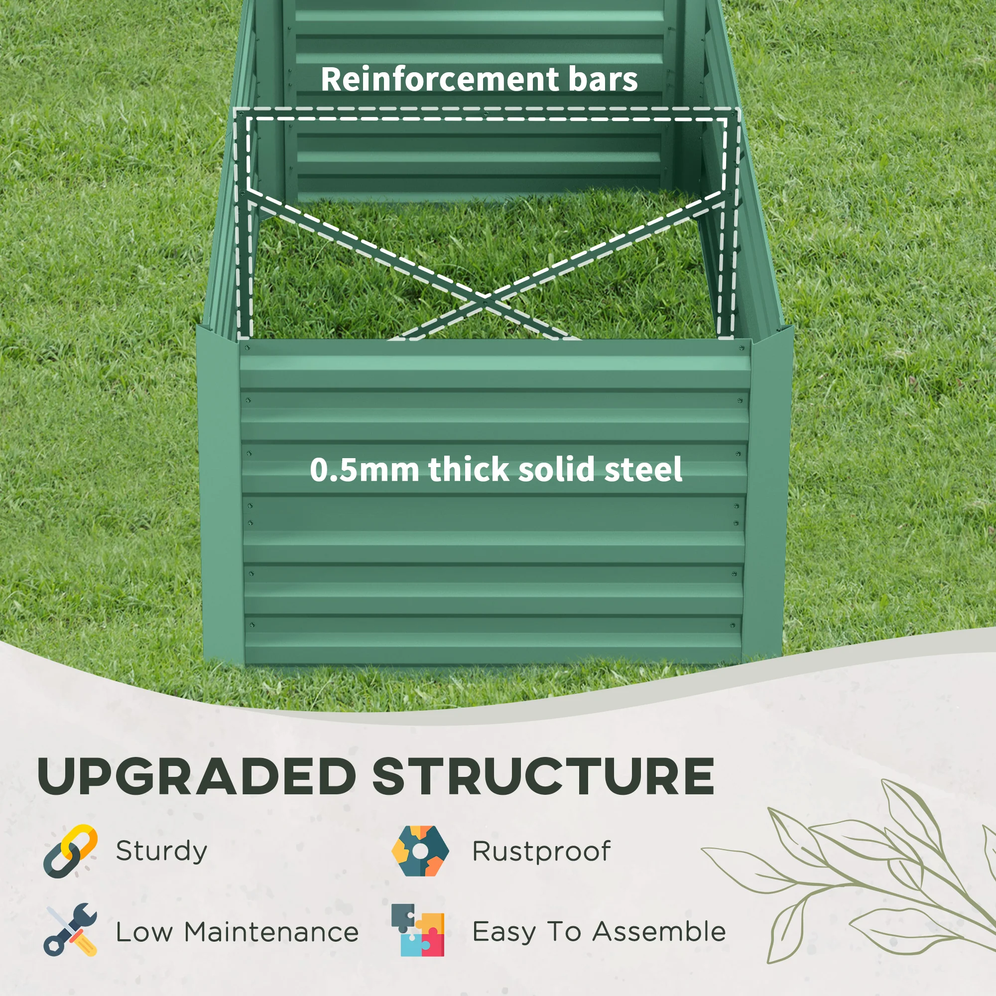 Outsunny Galvanised Steel Outdoor Raised Bed w/ Reinforced Rod, Light Green - Image 4