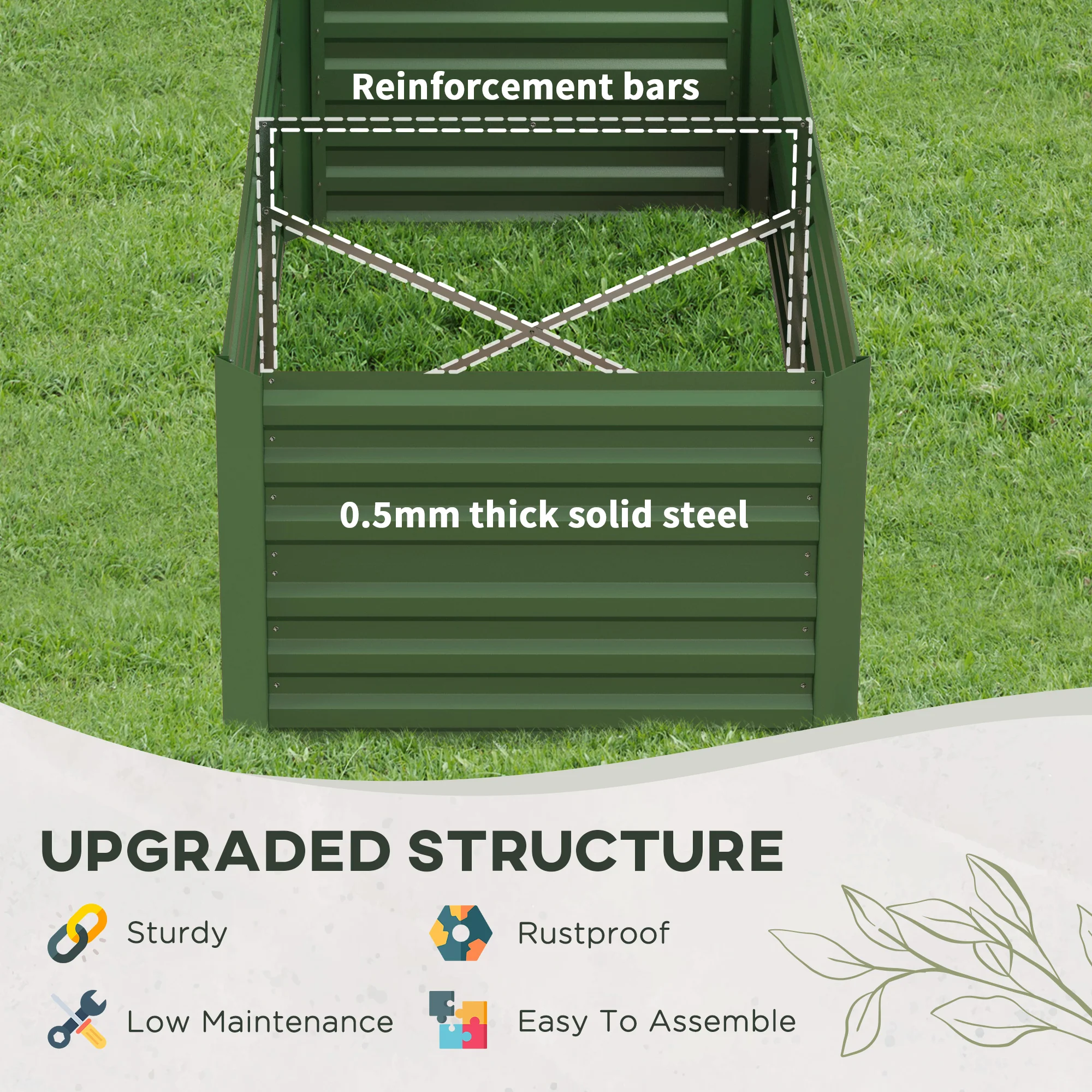Outsunny Galvanised Steel Outdoor Raised Bed w/ Reinforced Rods, Green - Image 4