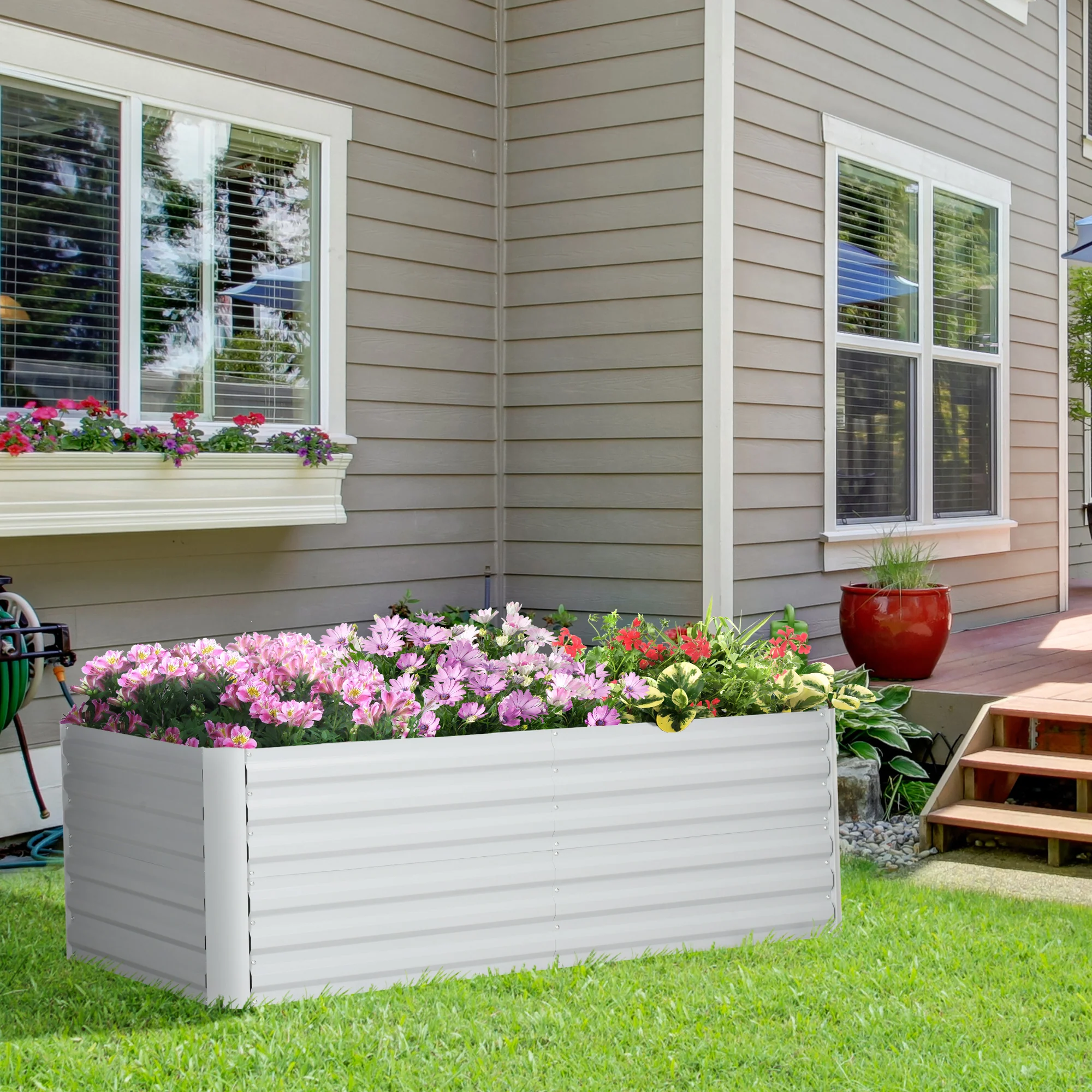 Outsunny Galvanised Steel Outdoor Raised Bed w/ Reinforced Rods, Light Grey - Image 2