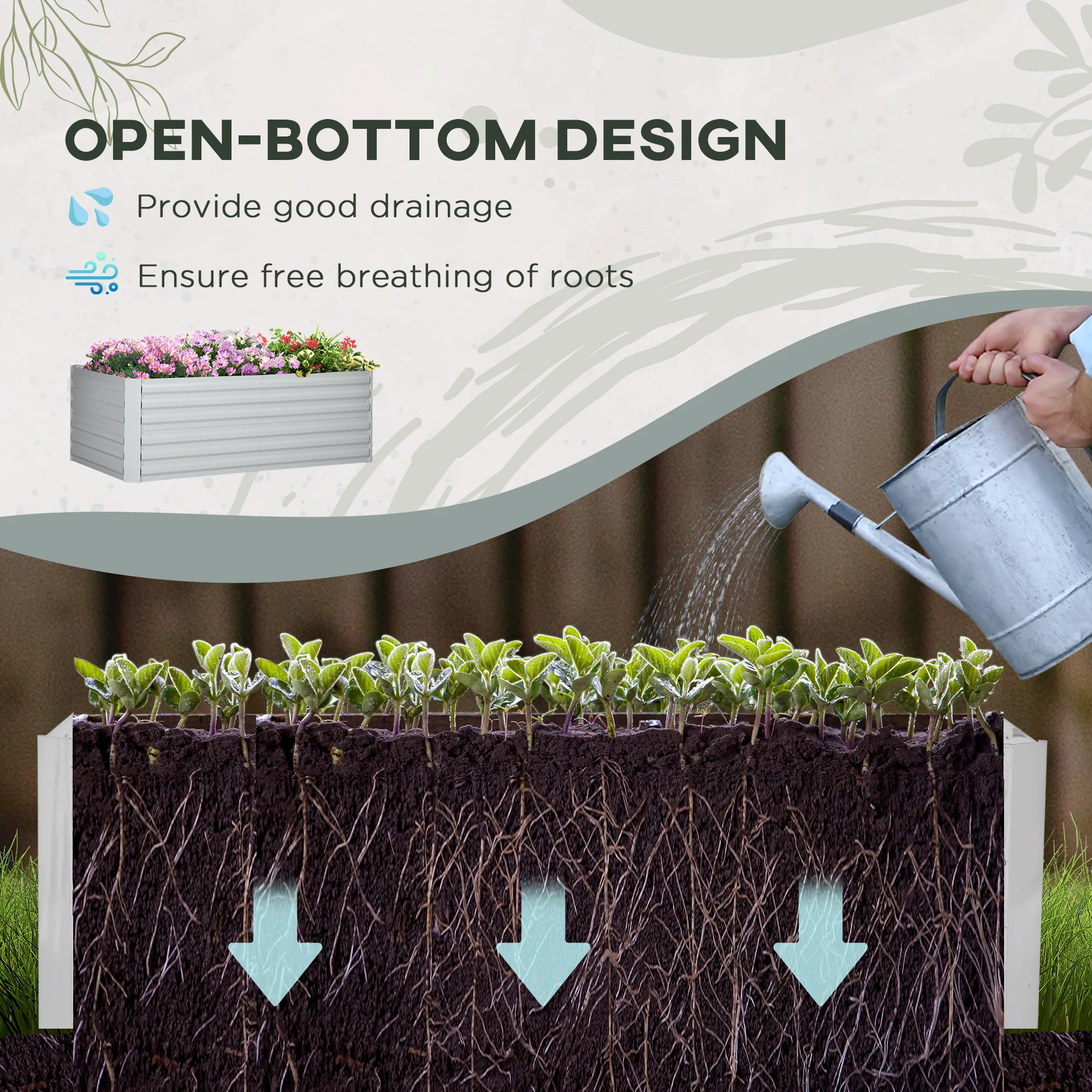 Outsunny Galvanised Steel Outdoor Raised Bed w/ Reinforced Rods, Light Grey - Image 3