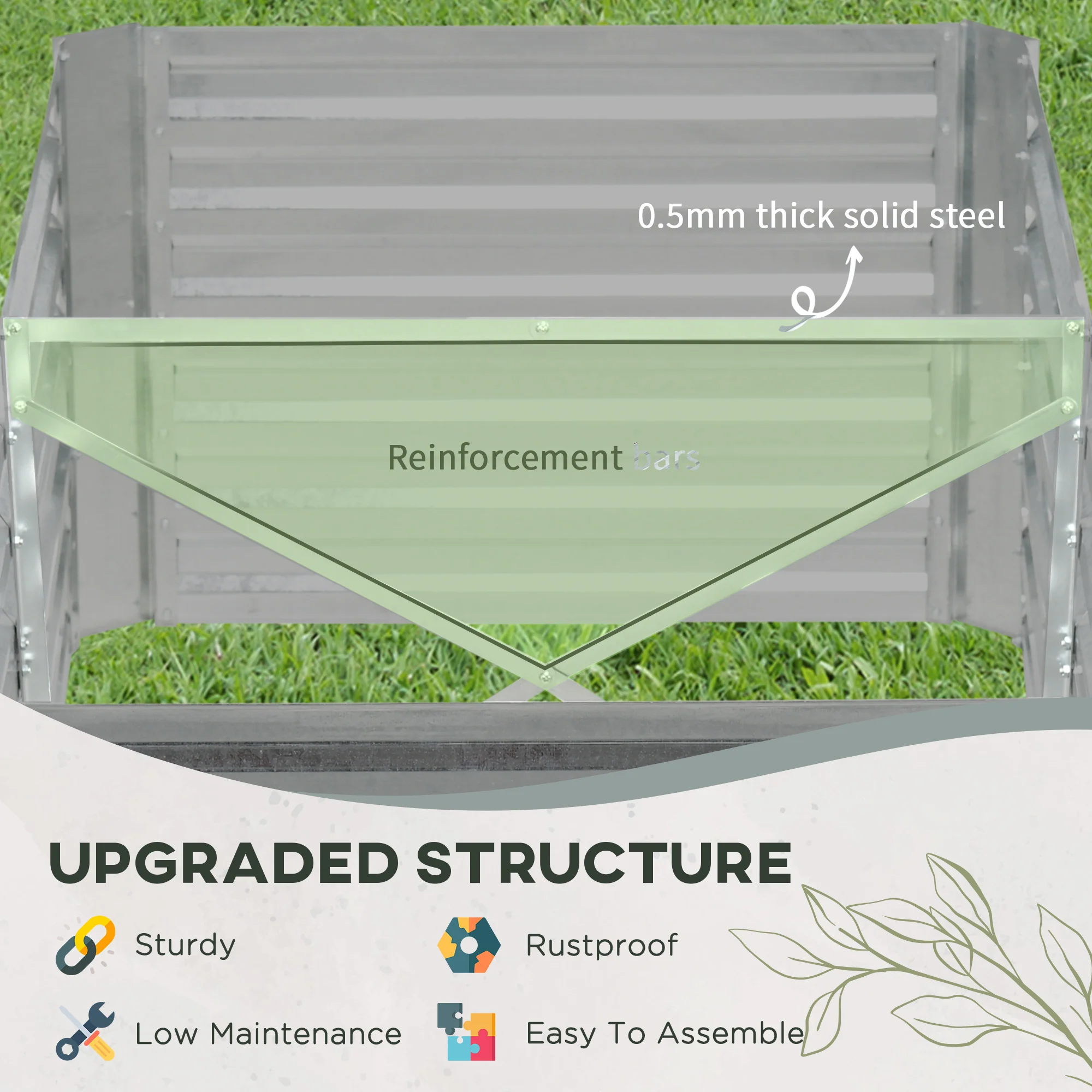 Outsunny Galvanised Steel Outdoor Raised Bed w/ Reinforced Rods, Light Grey - Image 4