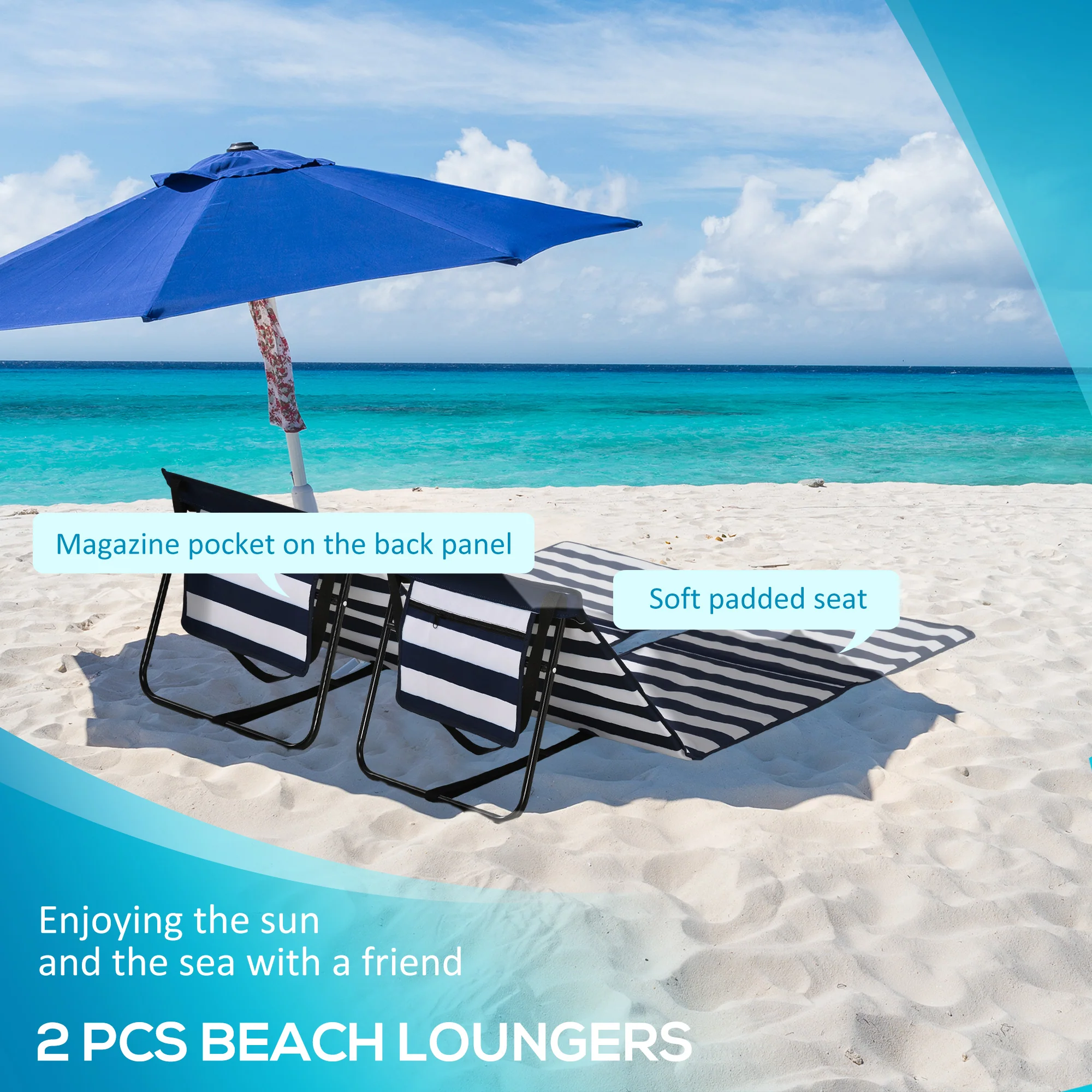 Outsunny Garden Beach Chair Mat, Sun Lounger Seats with Adjustable Back - Image 4