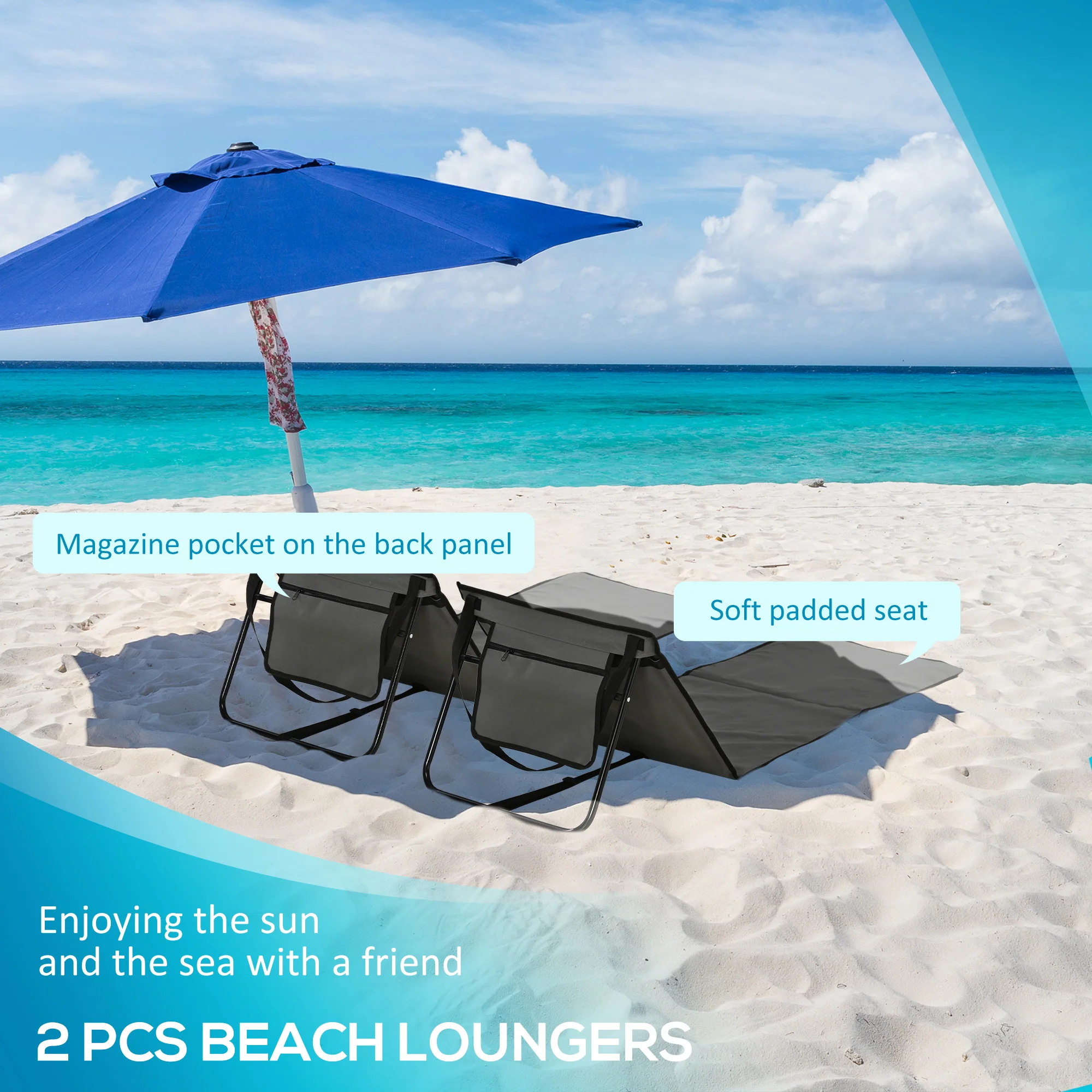 Outsunny Garden Beach Chair Mat, Sun Lounger Seats with Adjustable Back - Image 4