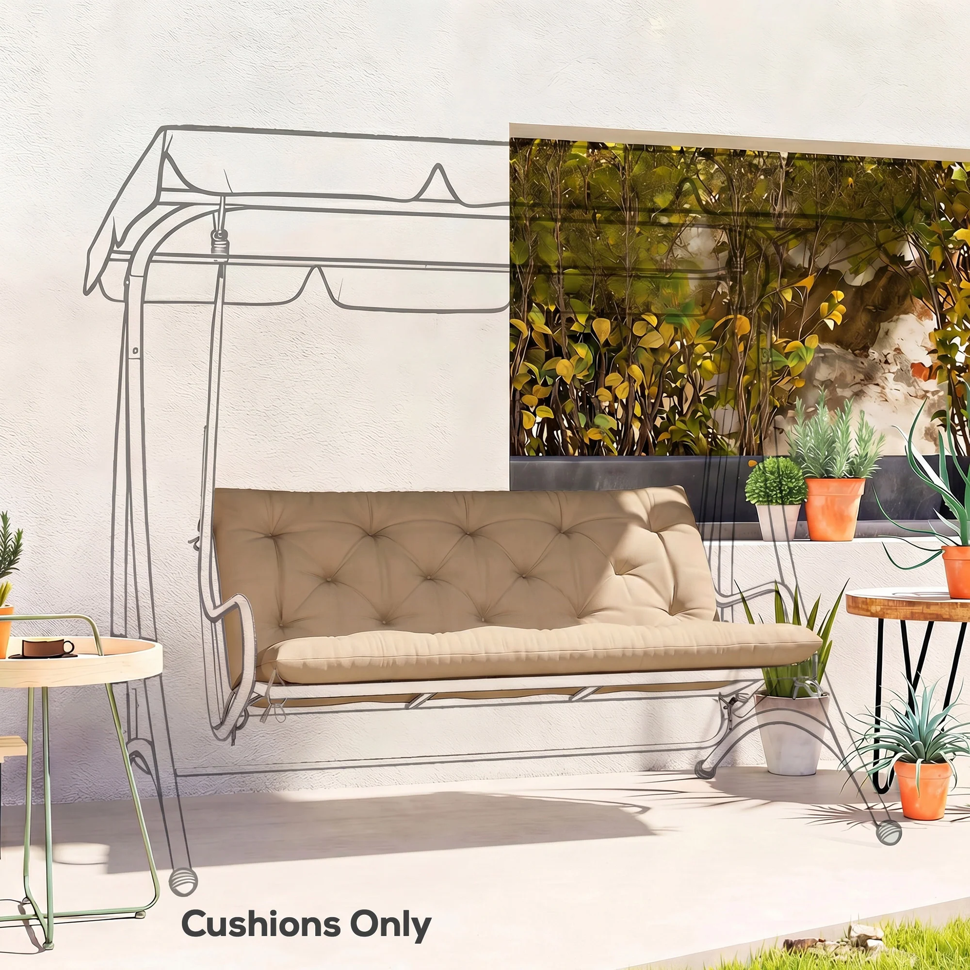 Outsunny Garden Bench Cushion, Seat Pad with Ties, Khaki - Image 2