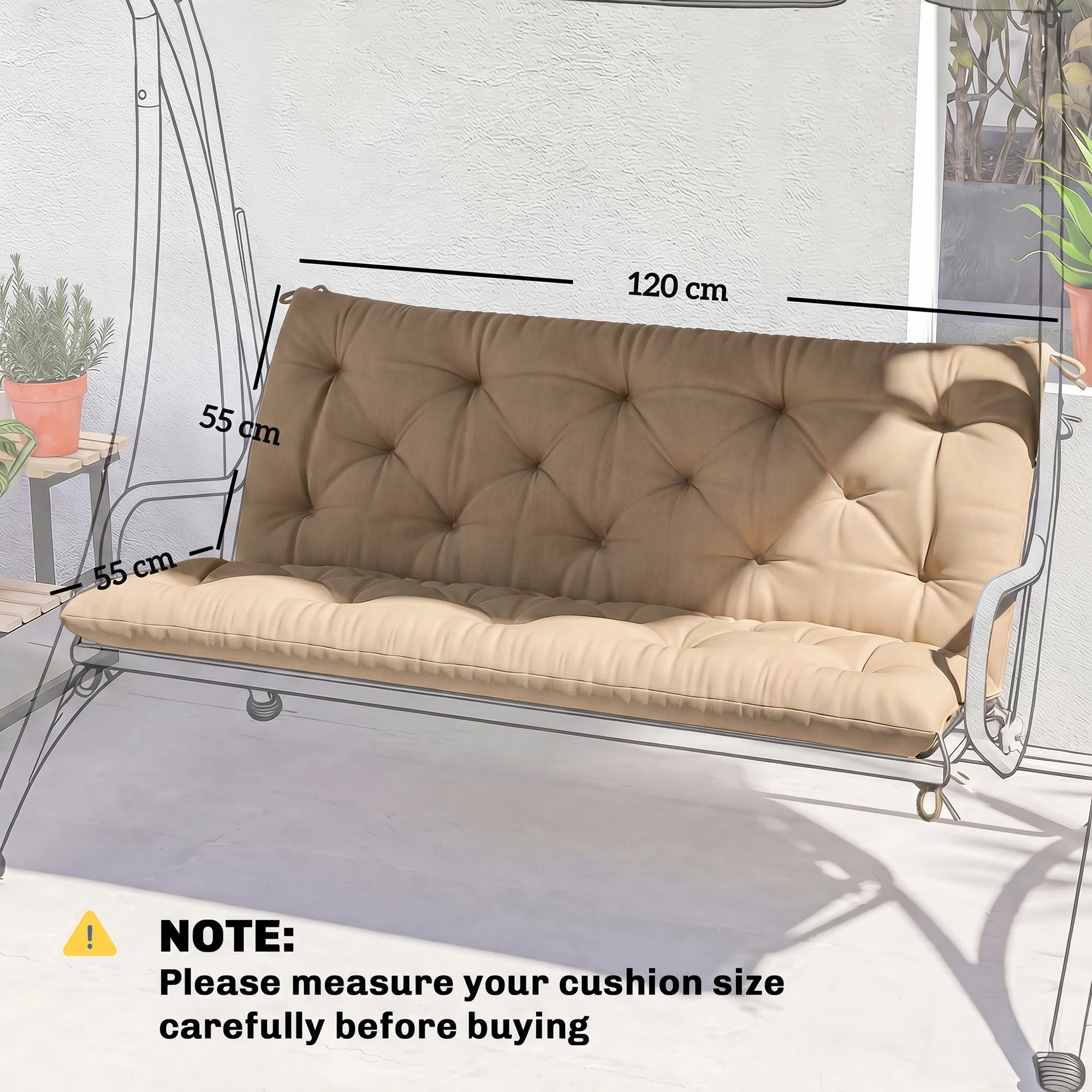 Outsunny Garden Bench Cushion, Seat Pad with Ties, Khaki - Image 5