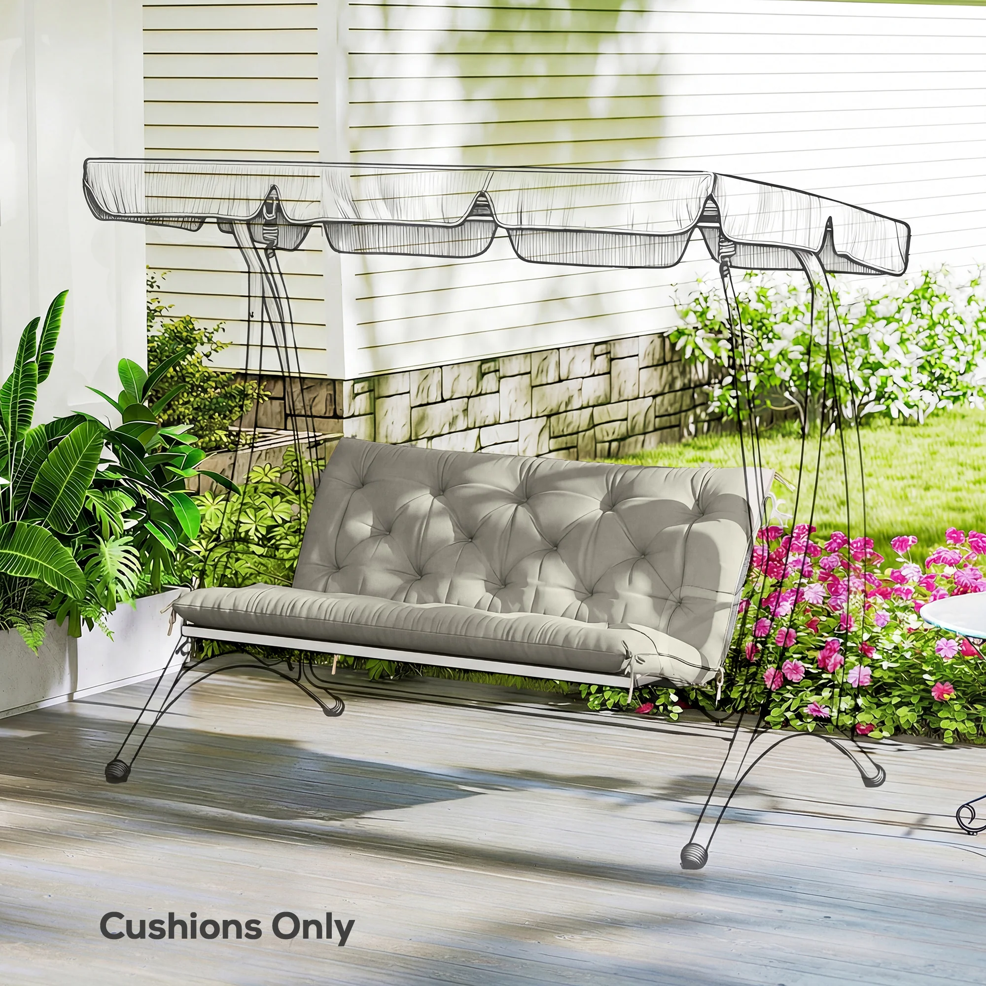 Outsunny Garden Bench Cushion, Seat Pad with Ties, Light Grey - Image 8