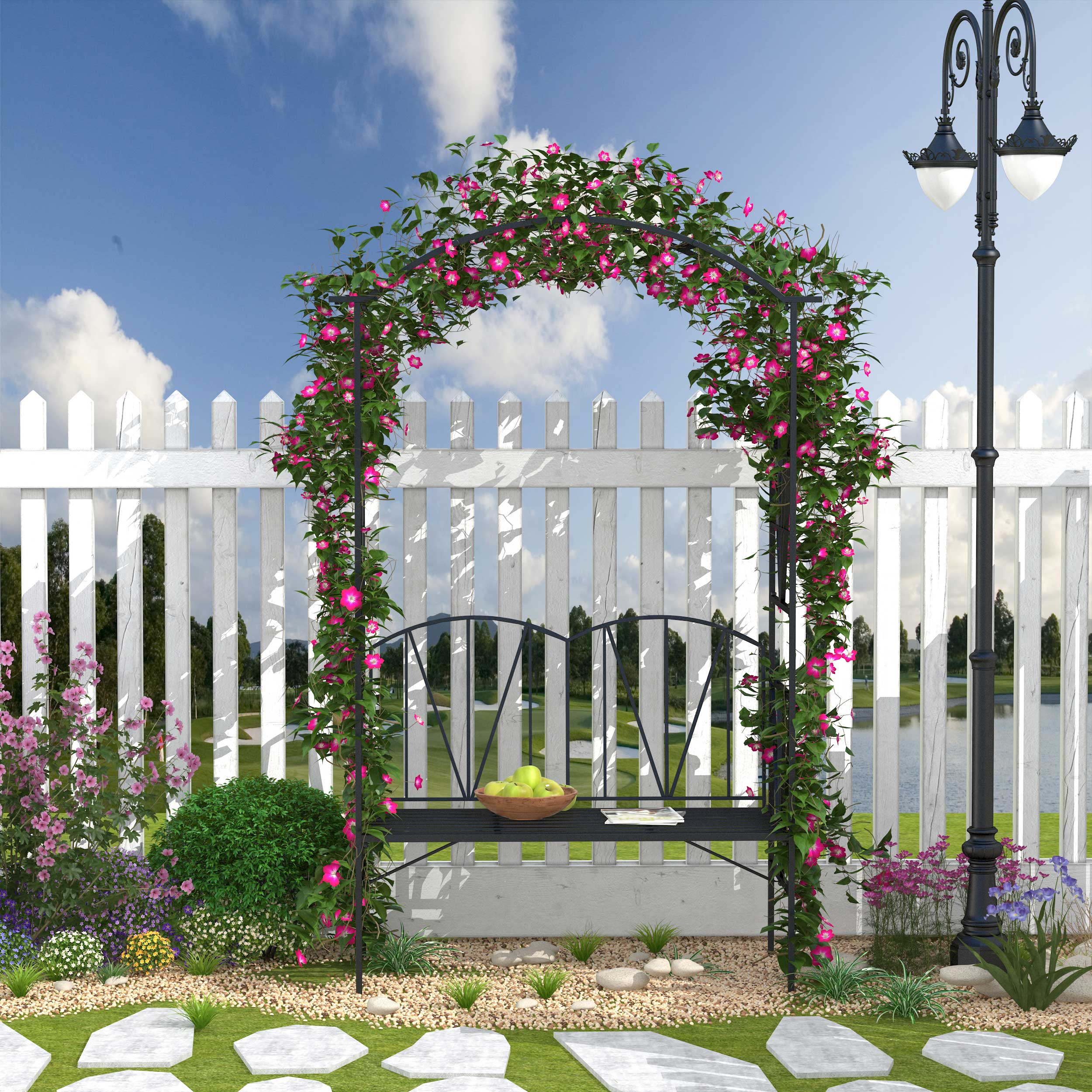 Outsunny Garden Bench, Metal Garden Loveseat with Arch for Climbing Plants - Image 2