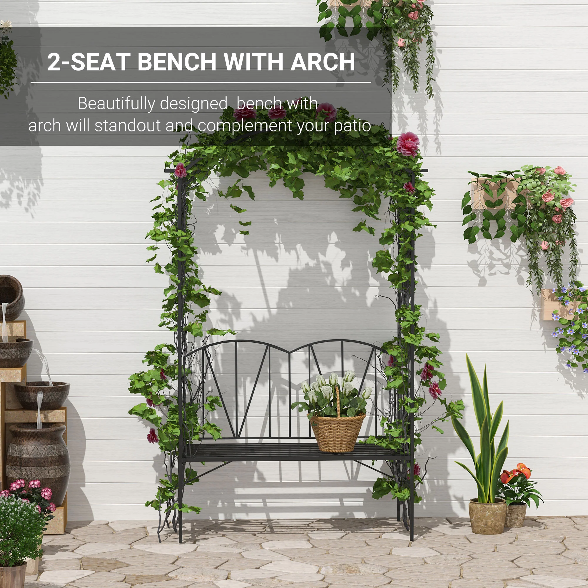 Outsunny Garden Bench, Metal Garden Loveseat with Arch for Climbing Plants - Image 4