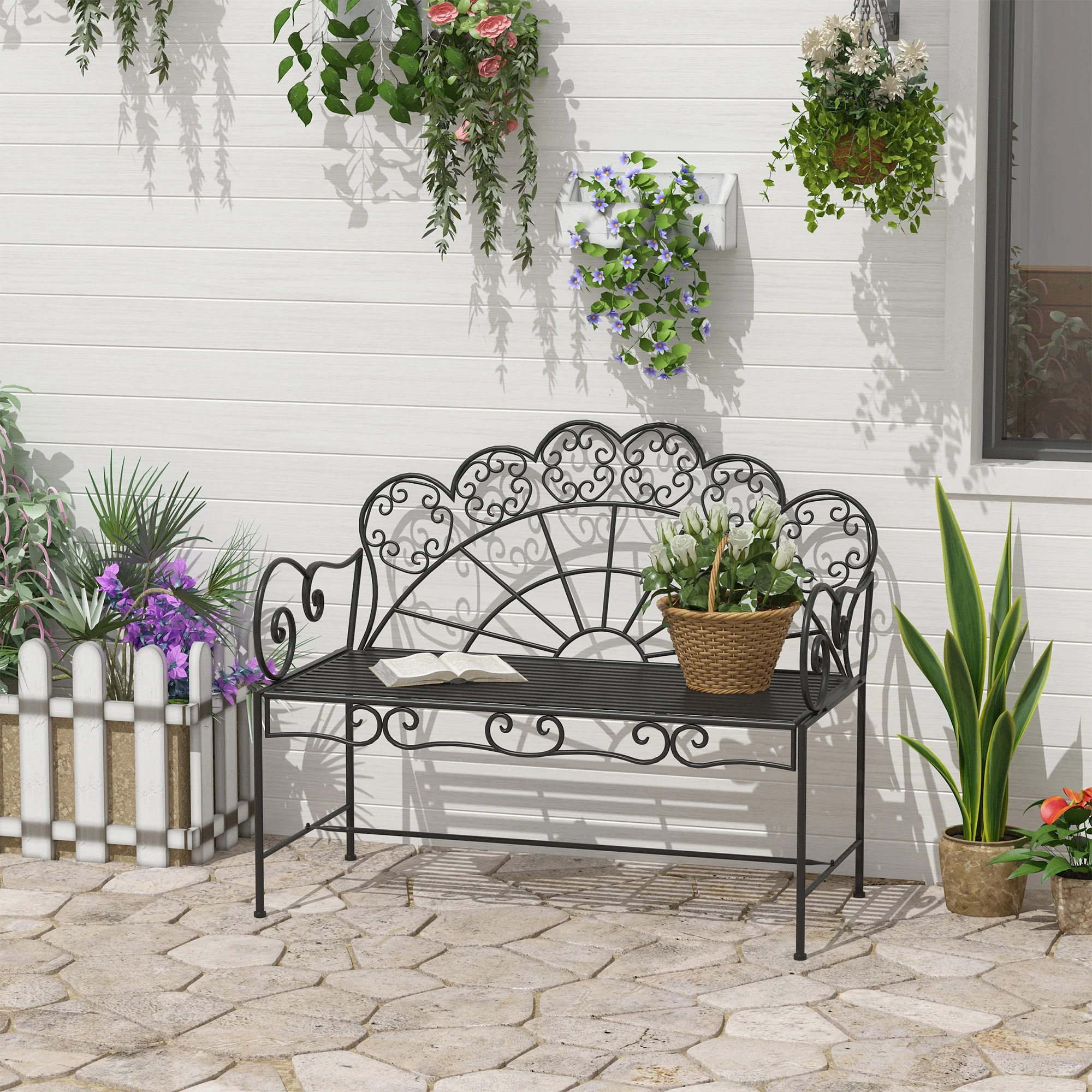 Outsunny Garden Bench, Metal Outdoor Patio Garden Loveseat, Black - Image 2