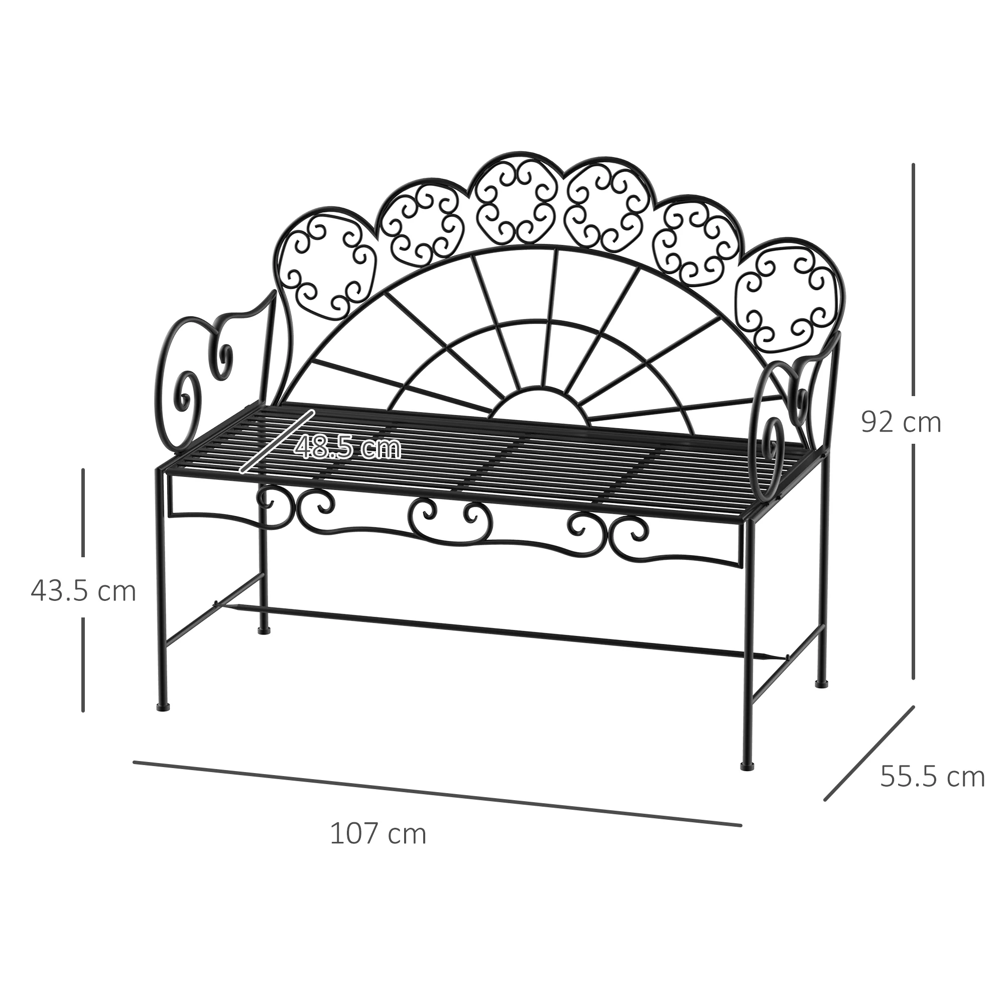 Outsunny Garden Bench, Metal Outdoor Patio Garden Loveseat, Black - Image 3