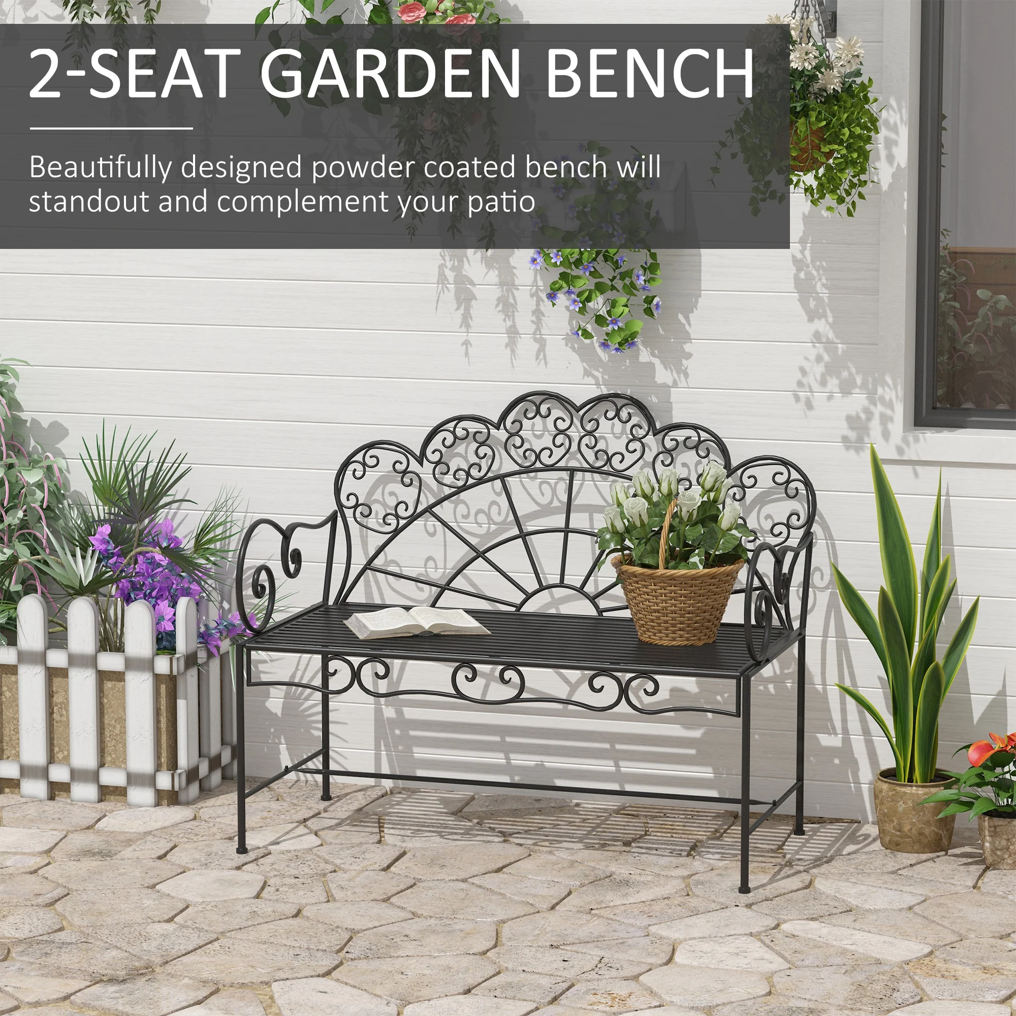 Outsunny Garden Bench, Metal Outdoor Patio Garden Loveseat, Black - Image 4