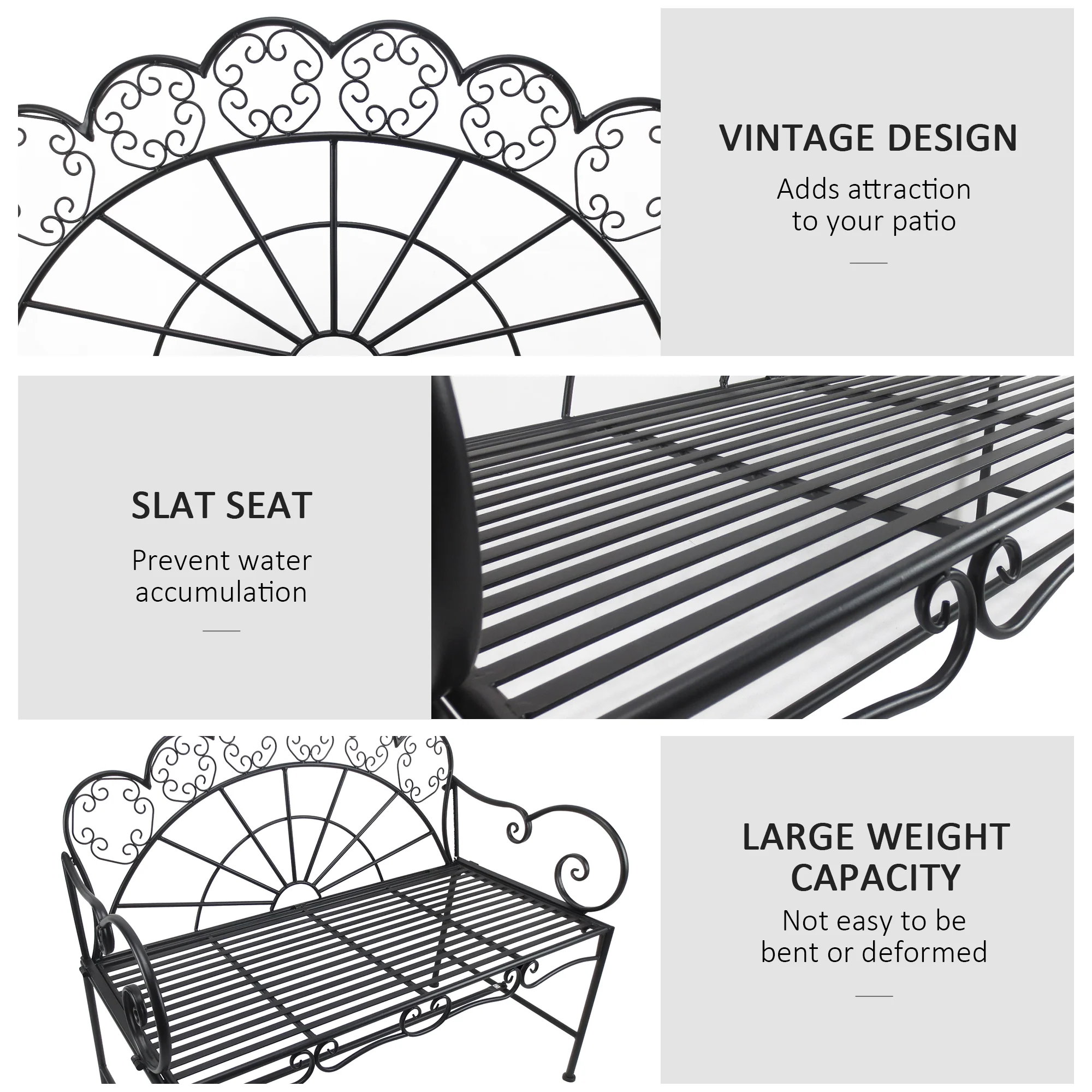 Outsunny Garden Bench, Metal Outdoor Patio Garden Loveseat, Black - Image 5