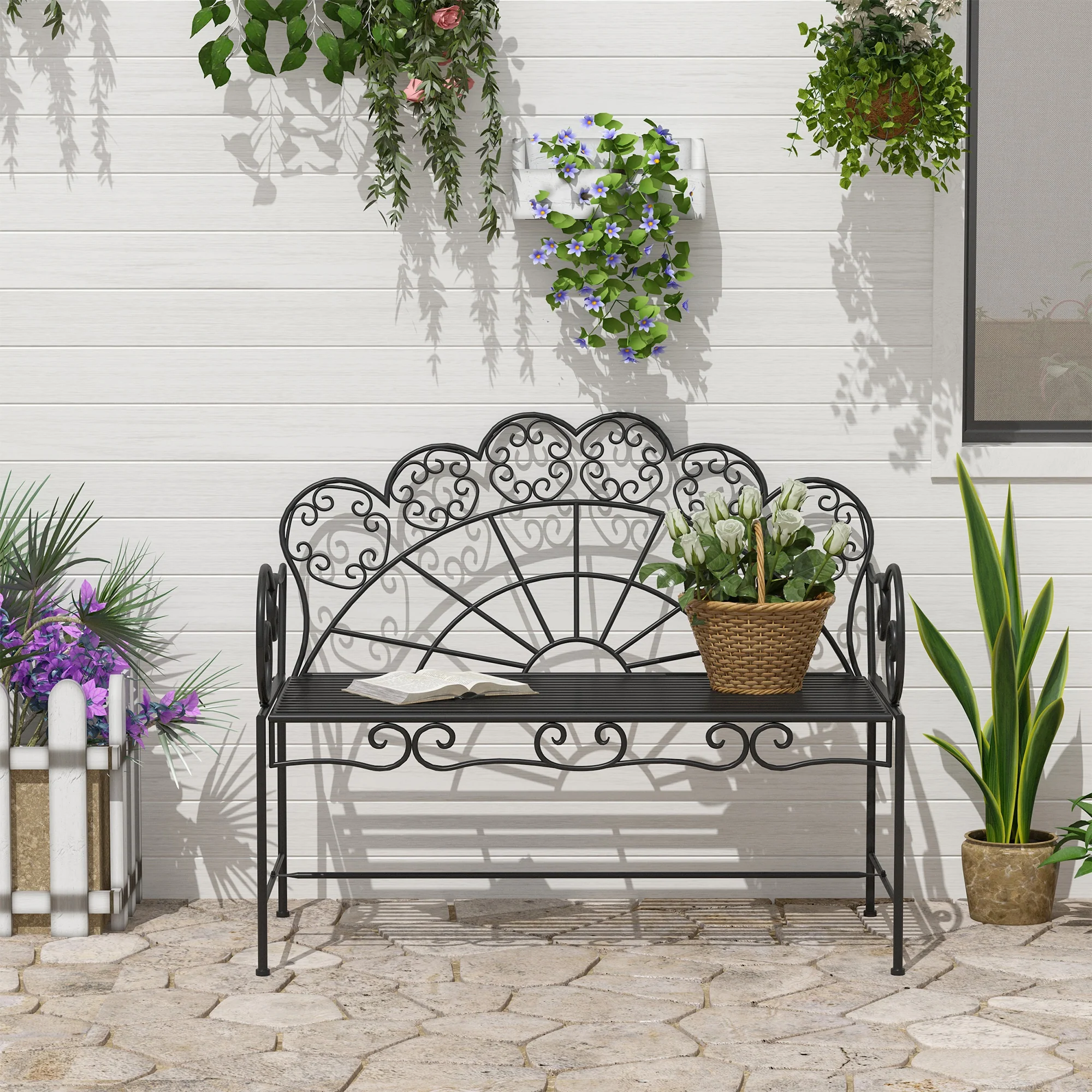 Outsunny Garden Bench, Metal Outdoor Patio Garden Loveseat, Black - Image 7
