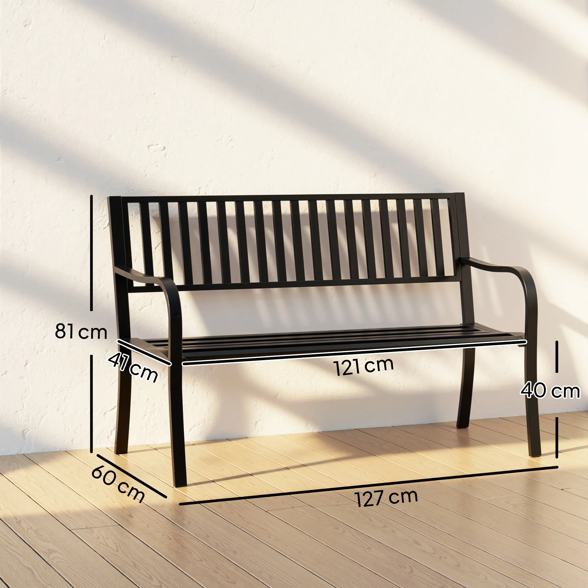Outsunny Garden Bench, Metal Outdoor Patio Garden Loveseat, Black - Image 3