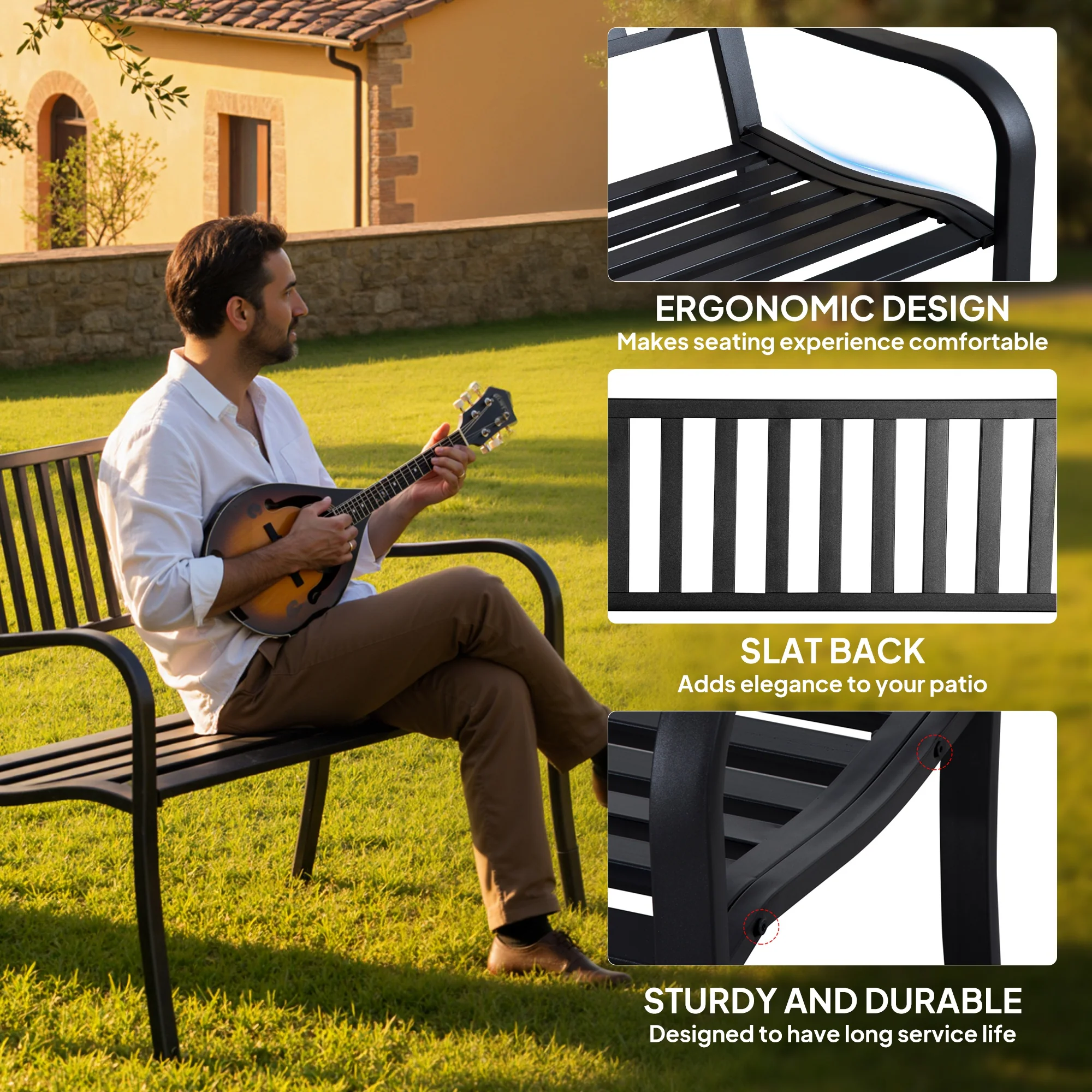 Outsunny Garden Bench, Metal Outdoor Patio Garden Loveseat, Black - Image 5