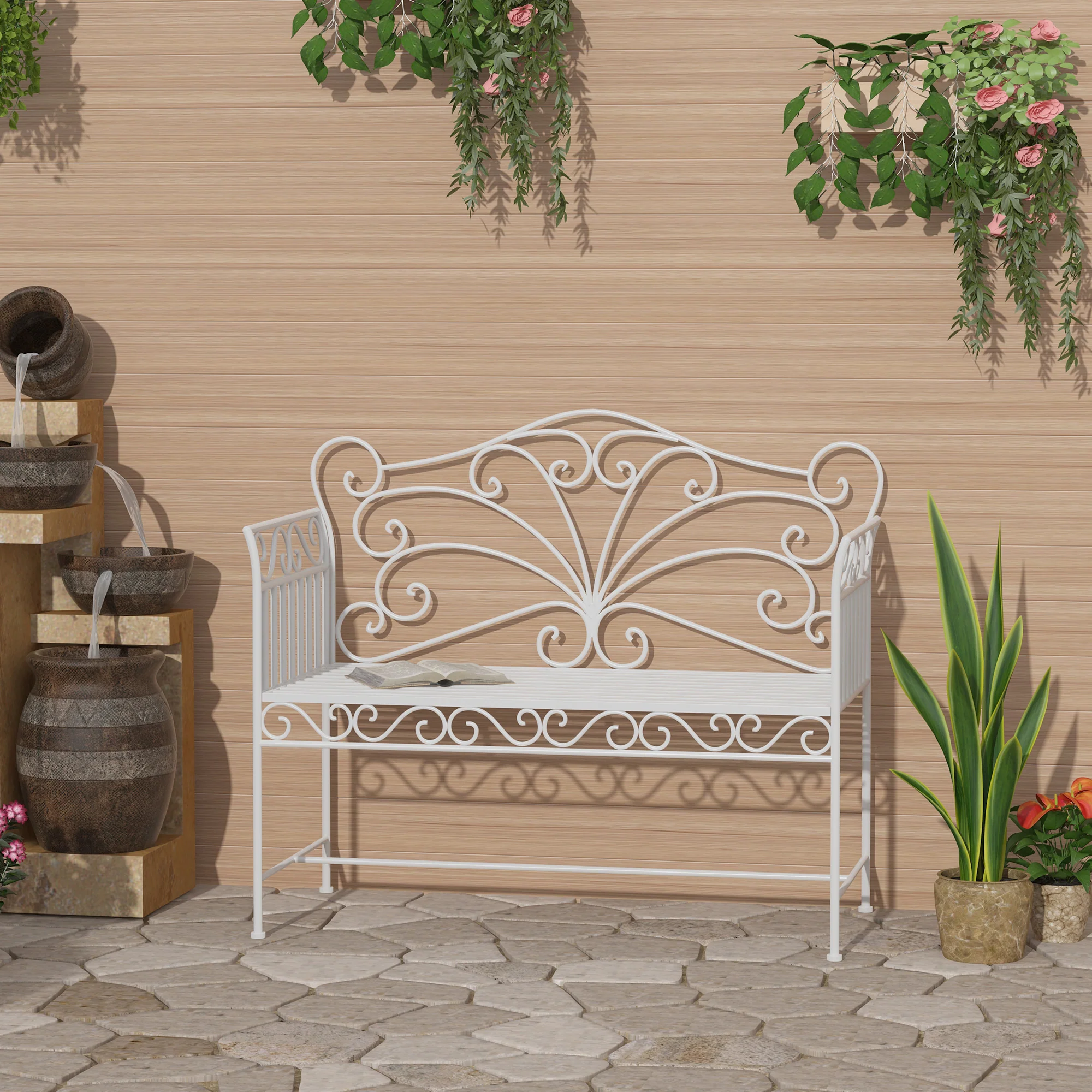 Outsunny Garden Bench Outdoor Furniture 2 Seater Park Seating w/ Backrest White - Image 2