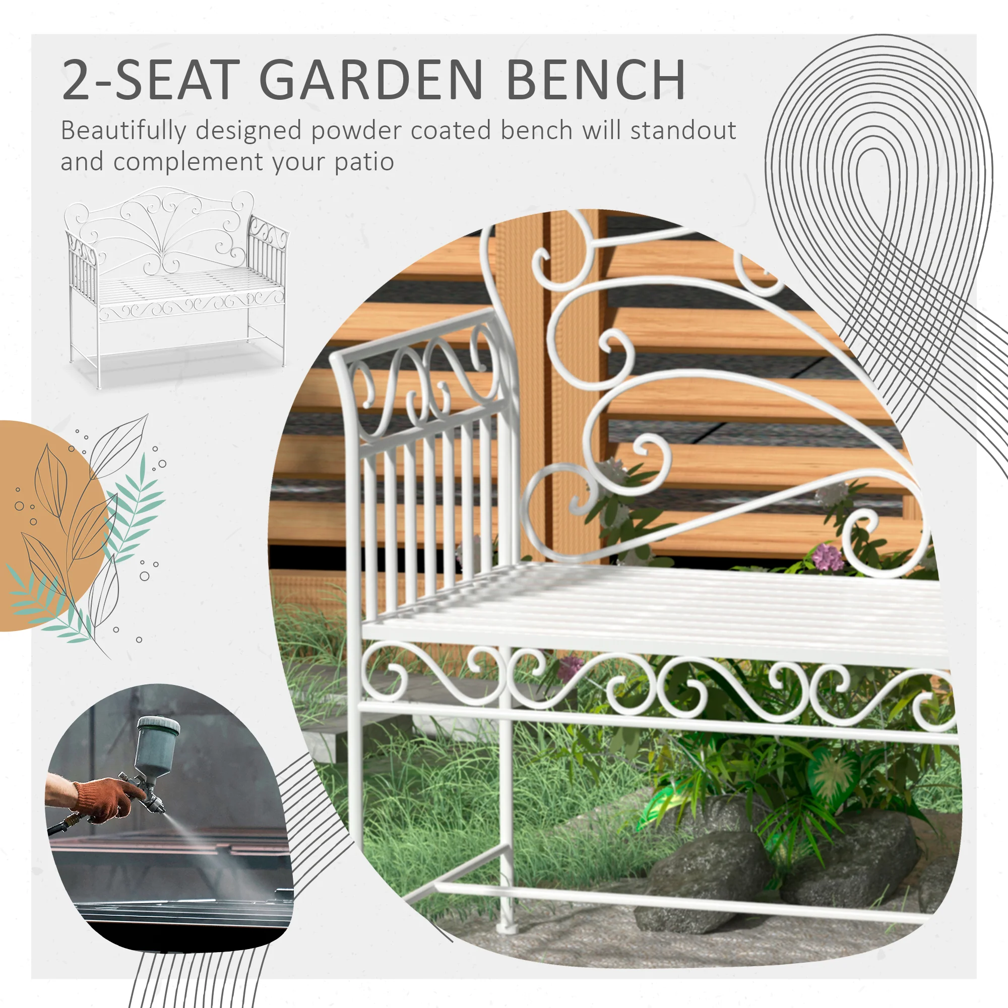 Outsunny Garden Bench Outdoor Furniture 2 Seater Park Seating w/ Backrest White - Image 3