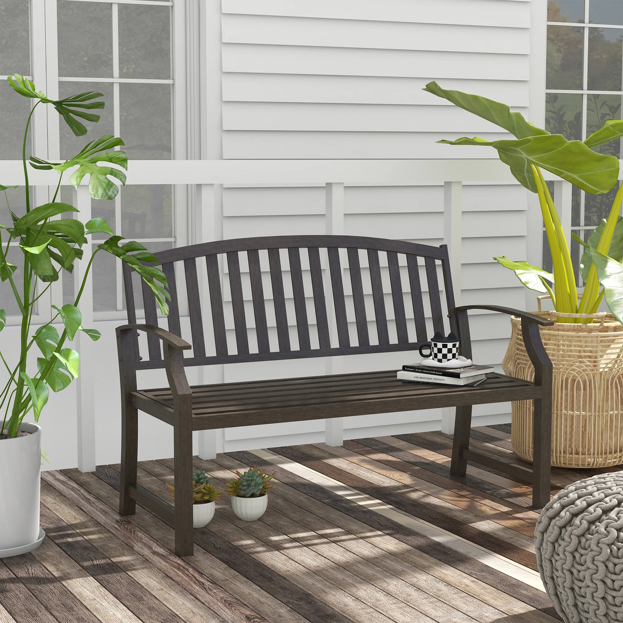 Outsunny Garden Bench with Slatted Seat and Backrest, Curved Armrest, Brown - Image 2