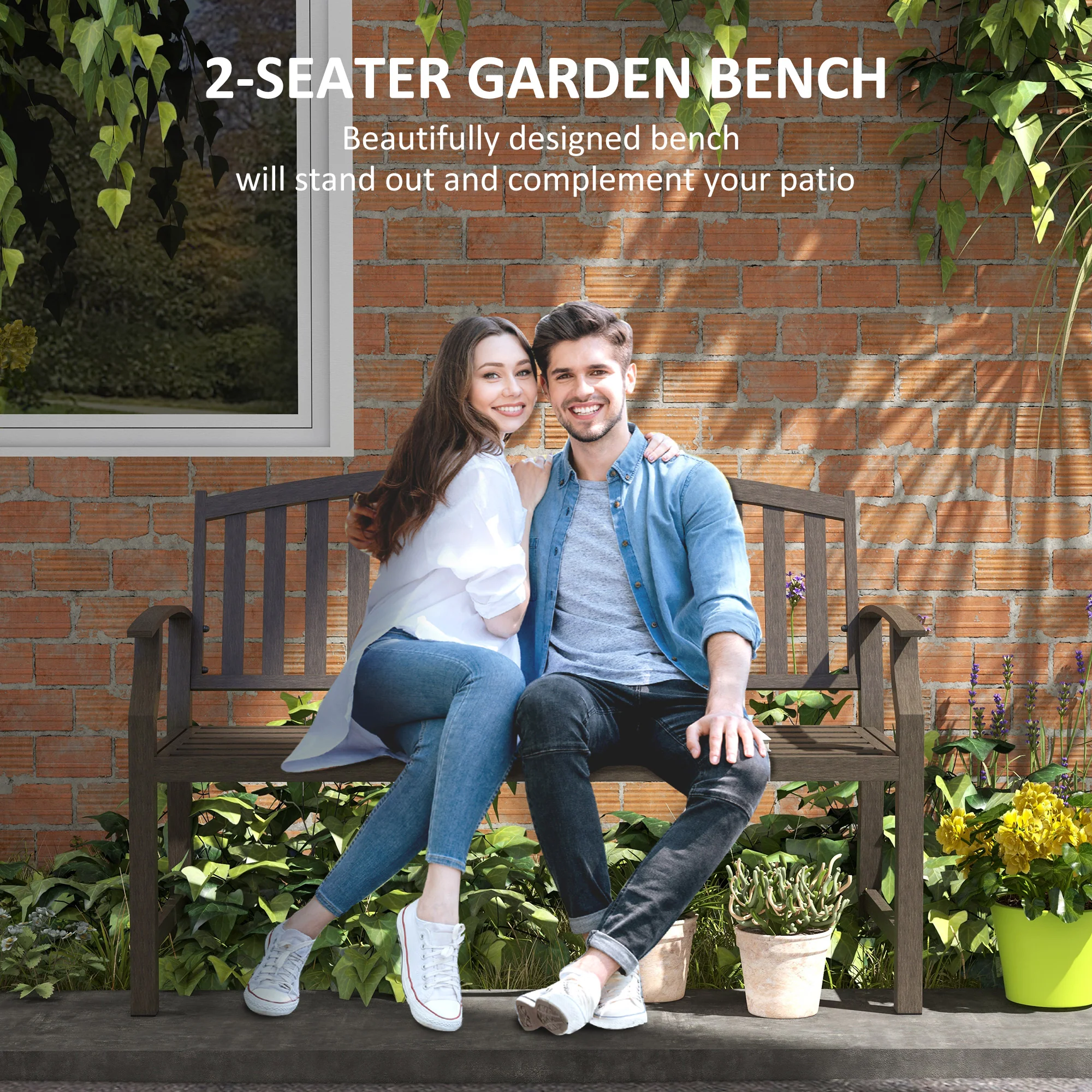 Outsunny Garden Bench with Slatted Seat and Backrest, Curved Armrest, Brown - Image 3