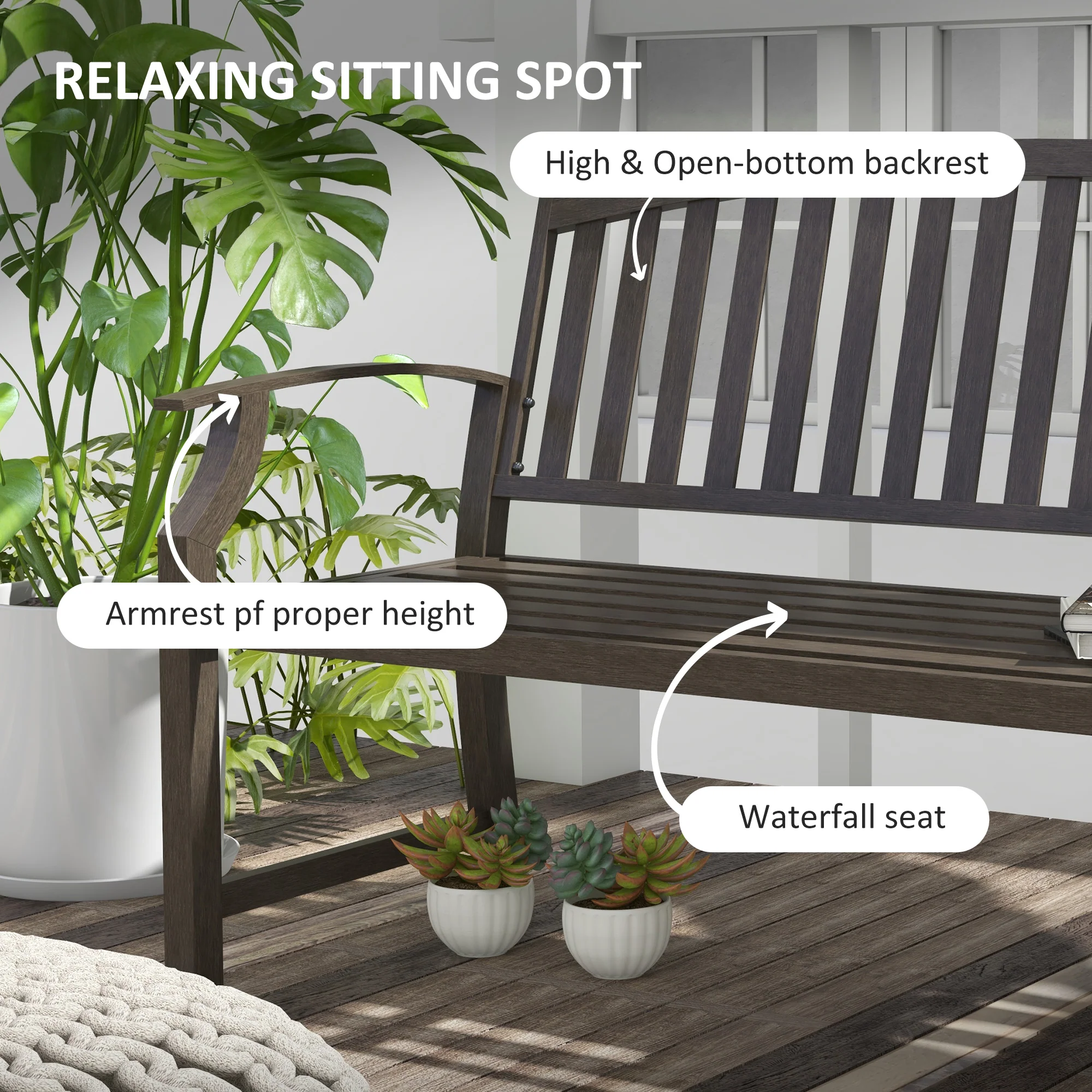 Outsunny Garden Bench with Slatted Seat and Backrest, Curved Armrest, Brown - Image 4