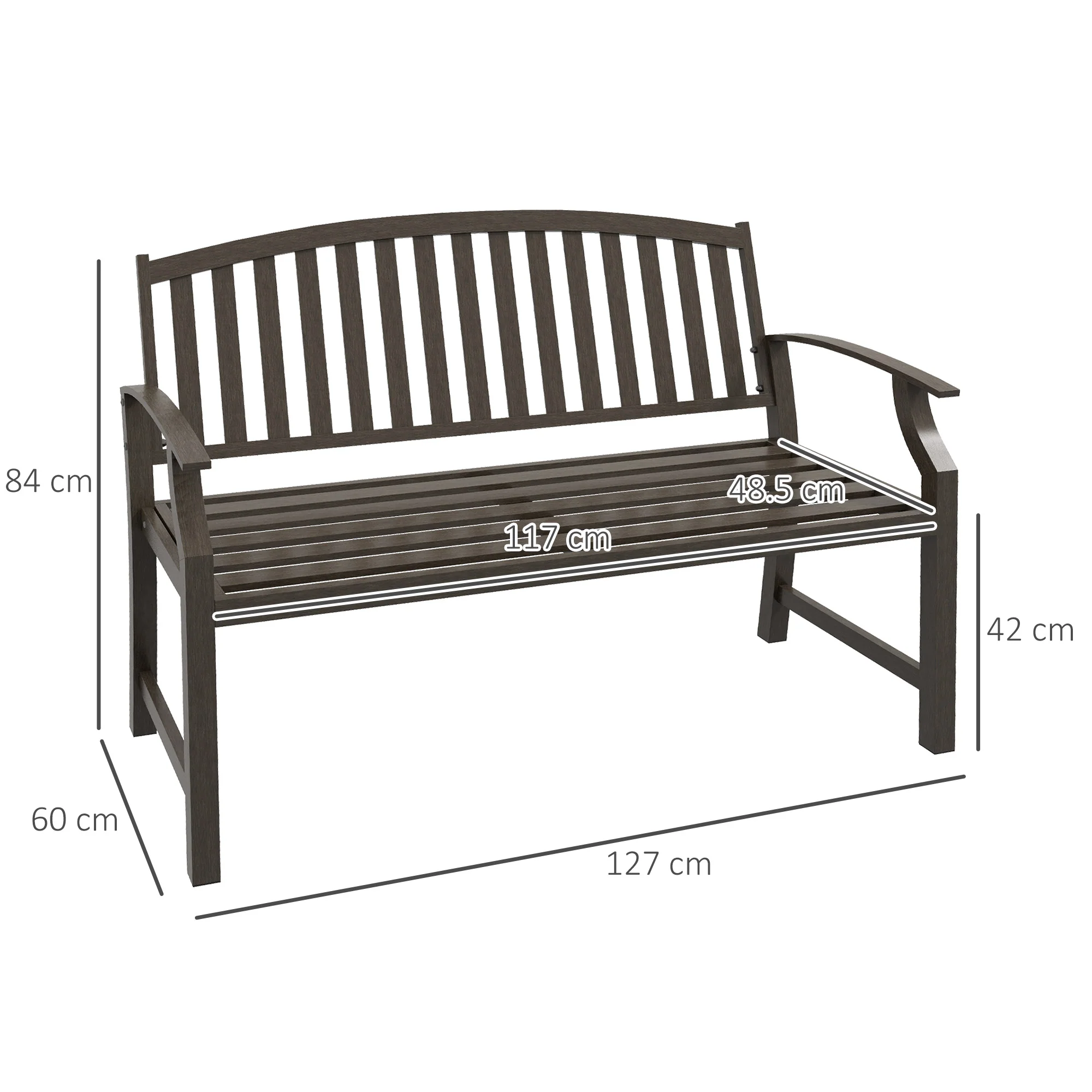 Outsunny Garden Bench with Slatted Seat and Backrest, Curved Armrest, Brown - Image 5