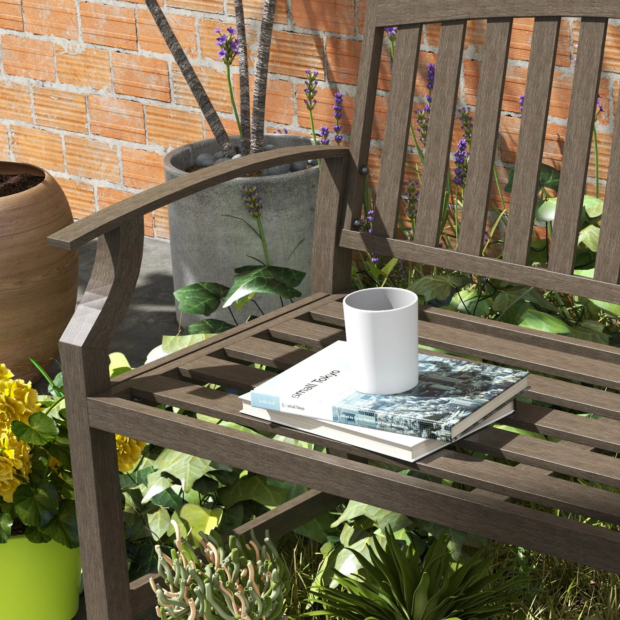 Outsunny Garden Bench with Slatted Seat and Backrest, Curved Armrest, Brown - Image 7