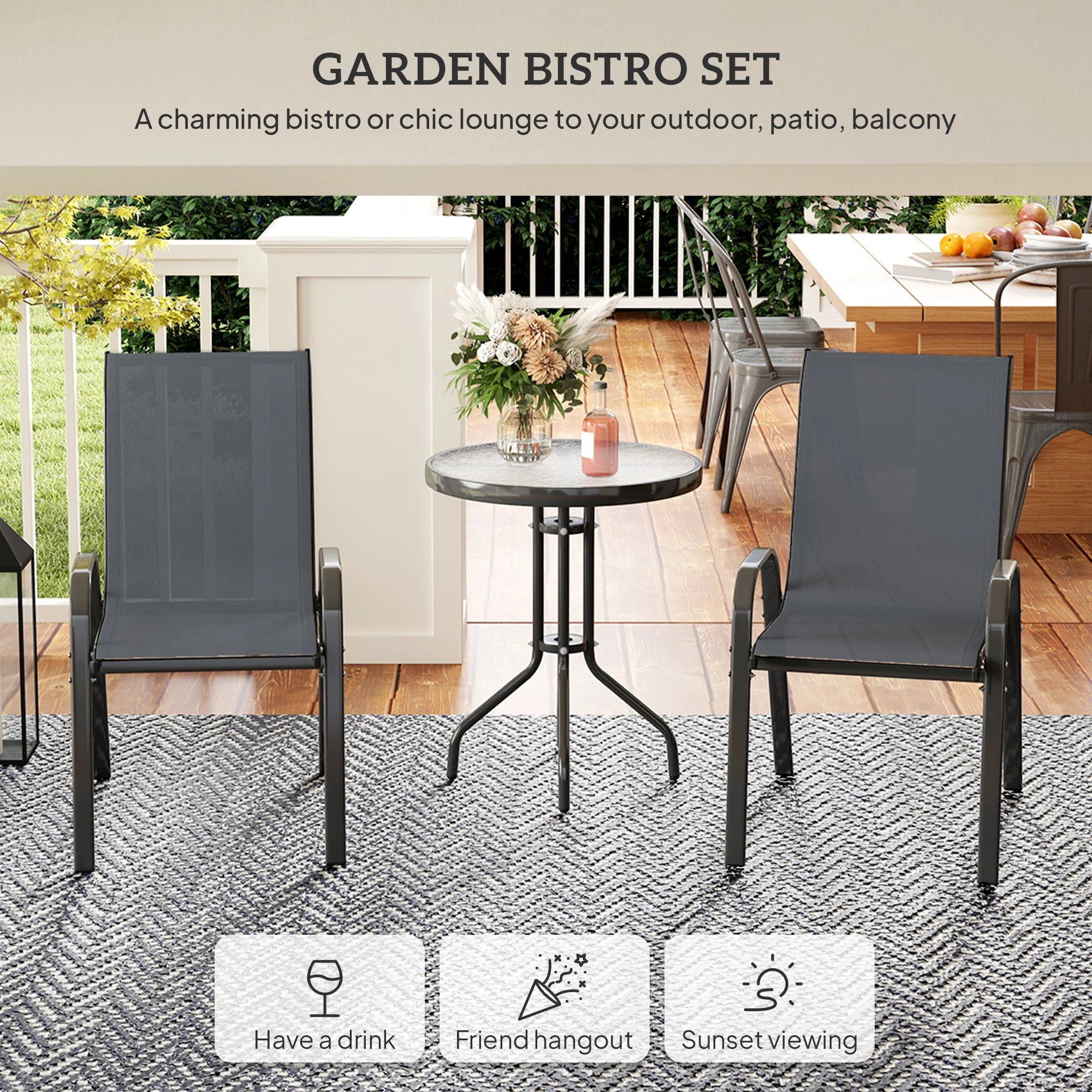 Outsunny Garden Bistro Set, Small Garden Set w/ Stackable Chairs - Image 12