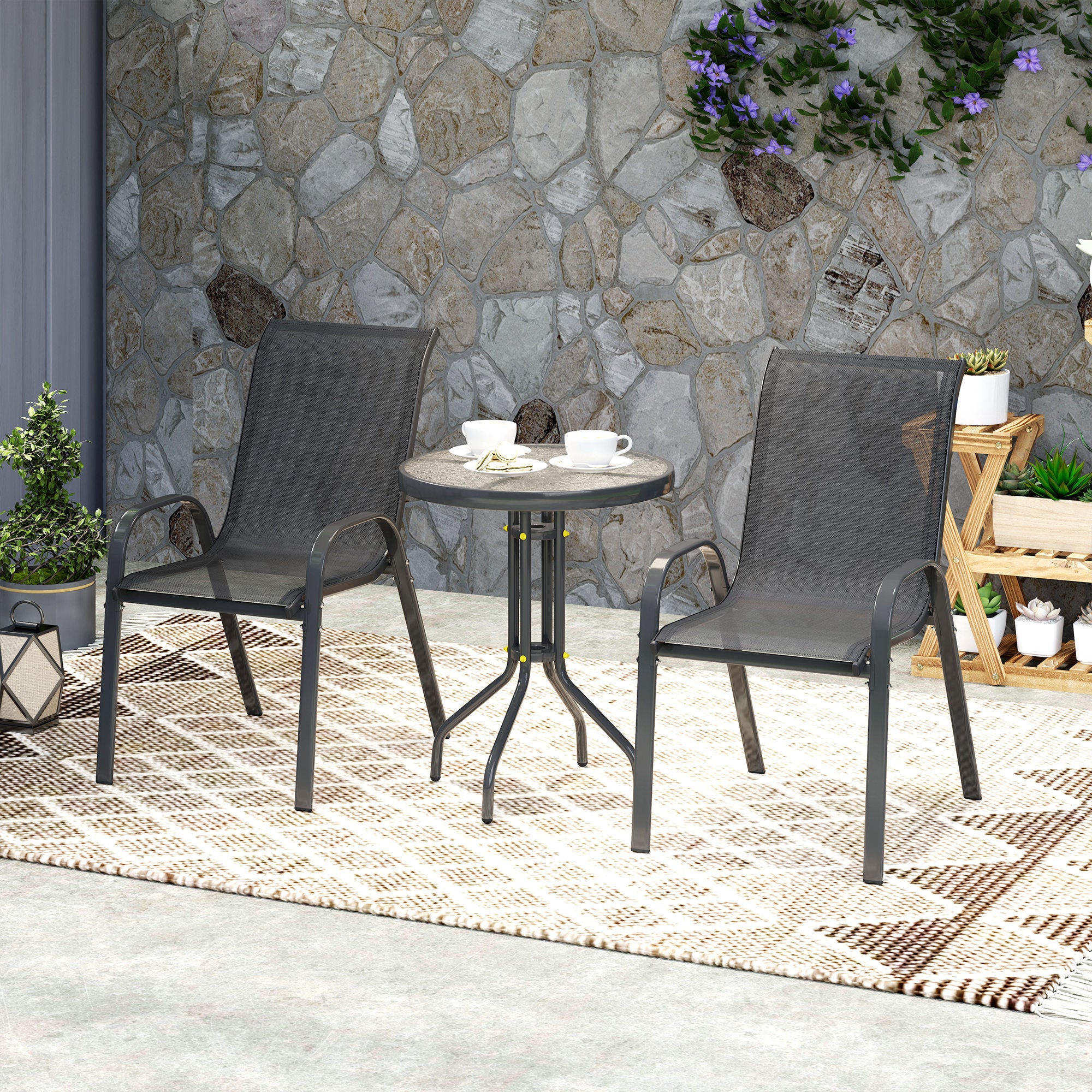 Outsunny Garden Bistro Set, Small Garden Set w/ Stackable Chairs - Image 9