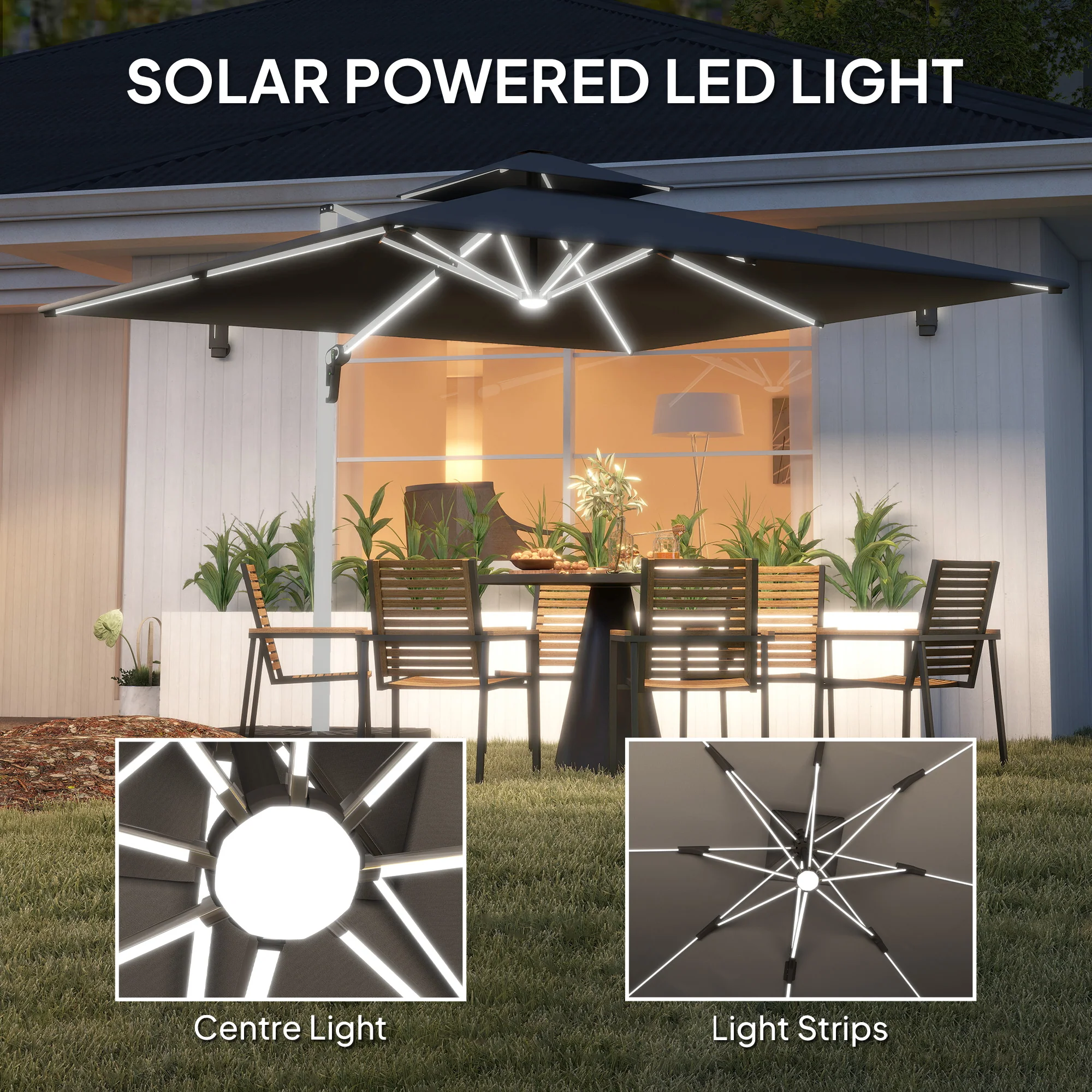 Outsunny Garden Cantilever Parasol, Patio Umbrella w/ Solar LED Lights, Grey - Image 3