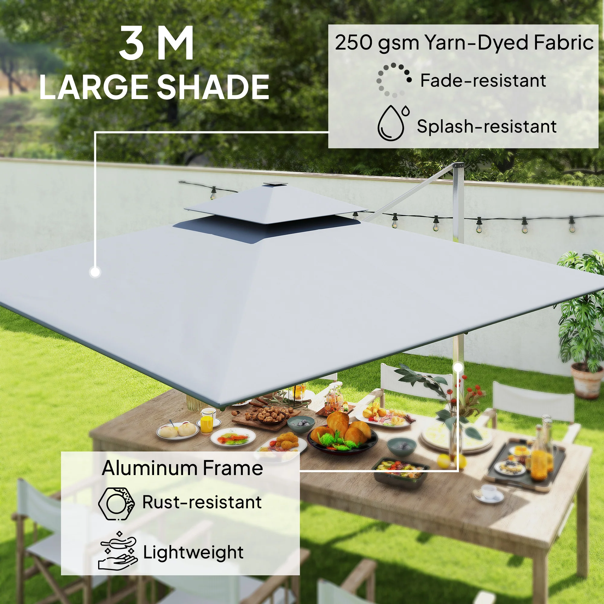 Outsunny Garden Cantilever Parasol, Patio Umbrella w/ Solar LED Lights, Grey - Image 4