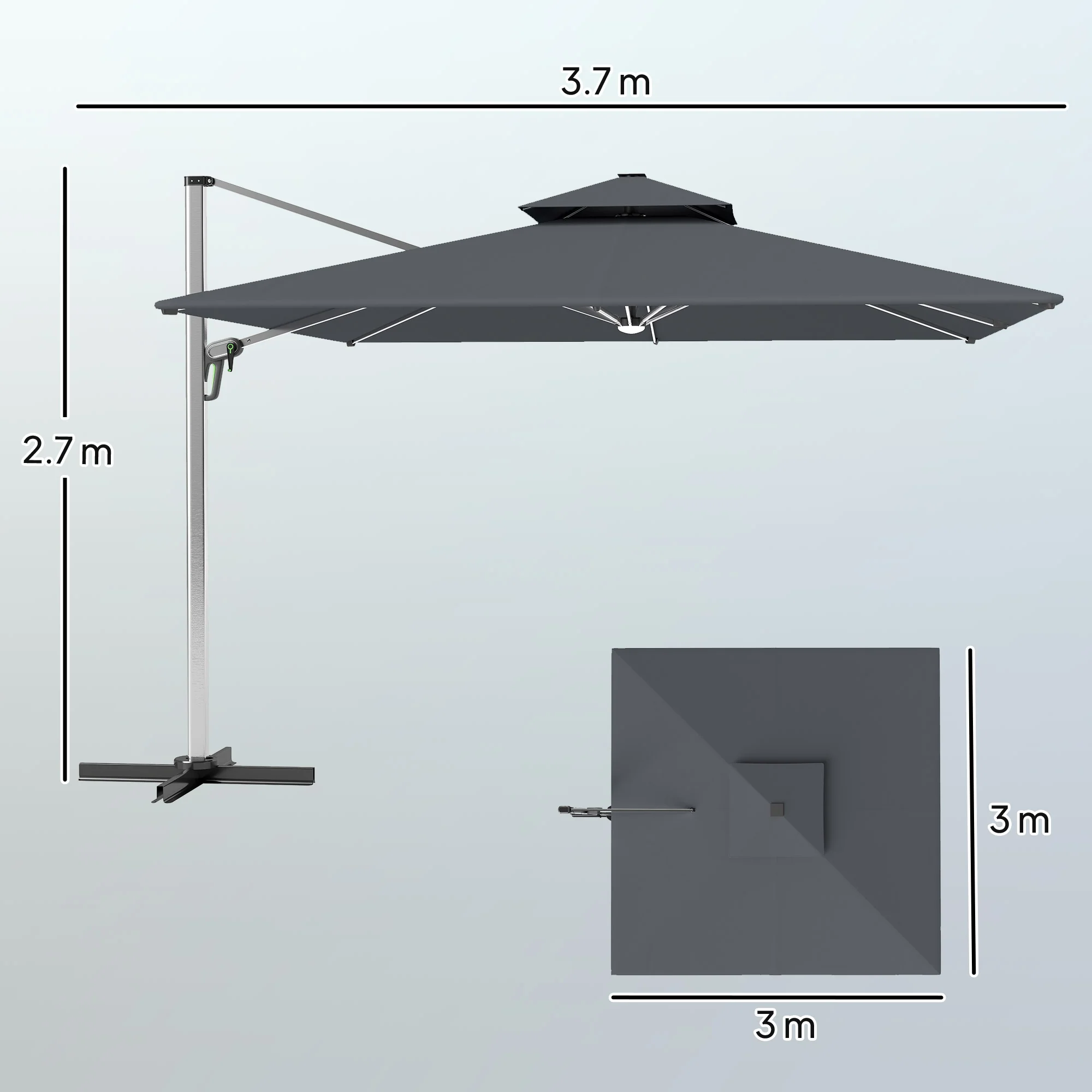 Outsunny Garden Cantilever Parasol, Patio Umbrella w/ Solar LED Lights, Grey - Image 5