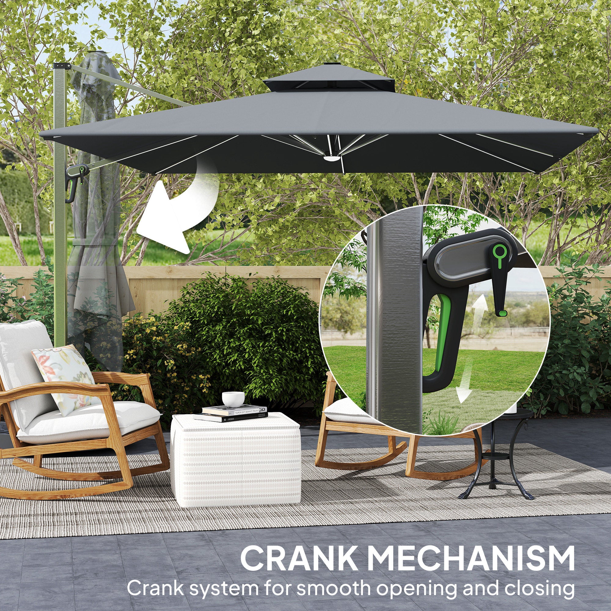 Outsunny Garden Cantilever Parasol, Patio Umbrella w/ Solar LED Lights, Grey - Image 8