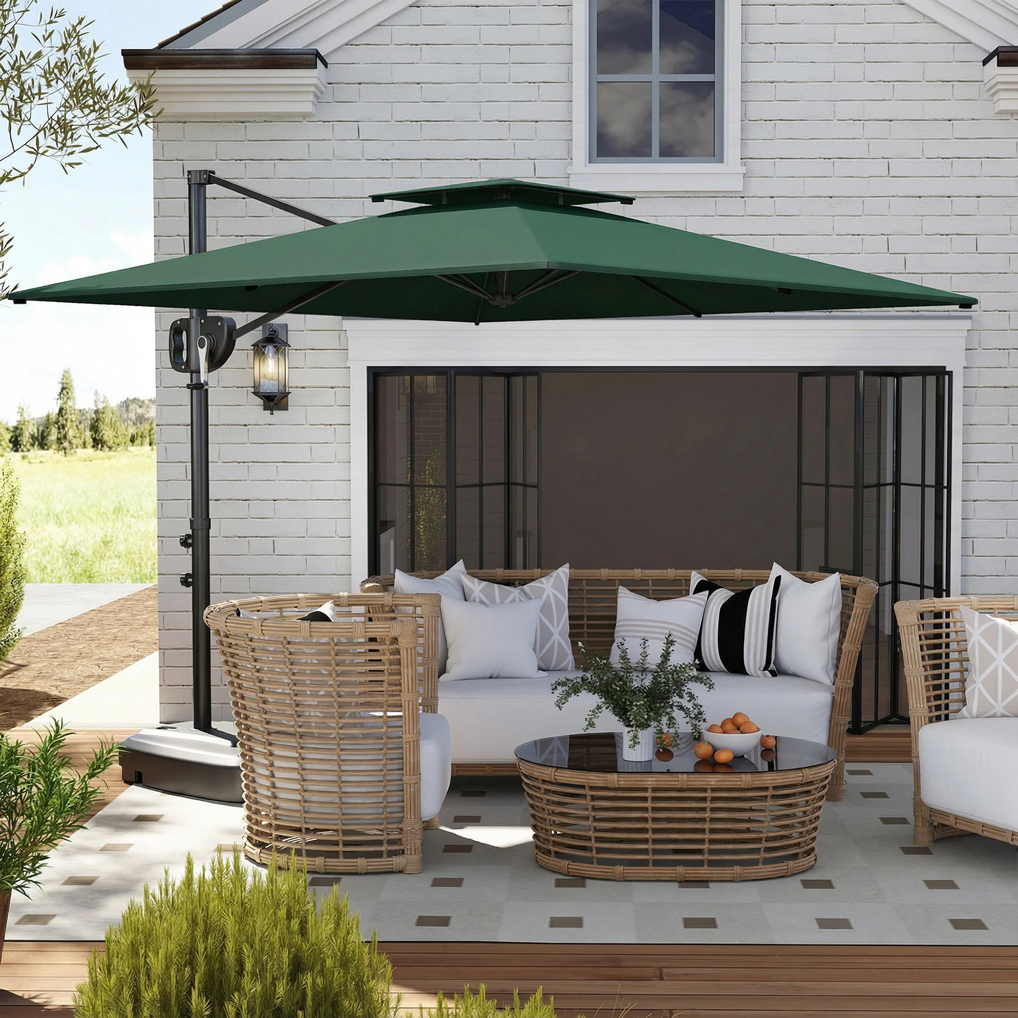 Outsunny Garden Cantilever Parasol w/ Weighted Base Tilt Crank Dark Green - Image 2
