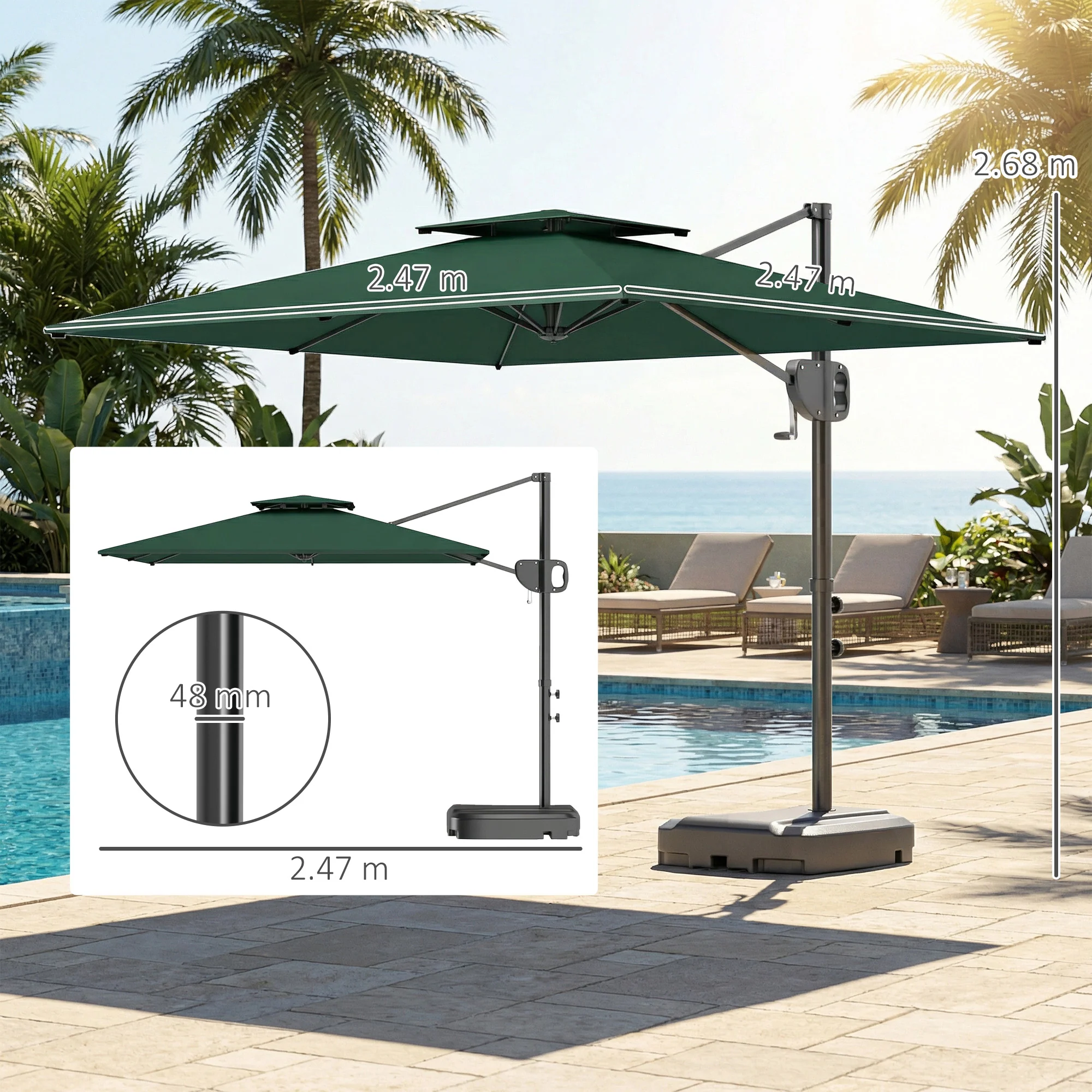 Outsunny Garden Cantilever Parasol w/ Weighted Base Tilt Crank Dark Green - Image 3