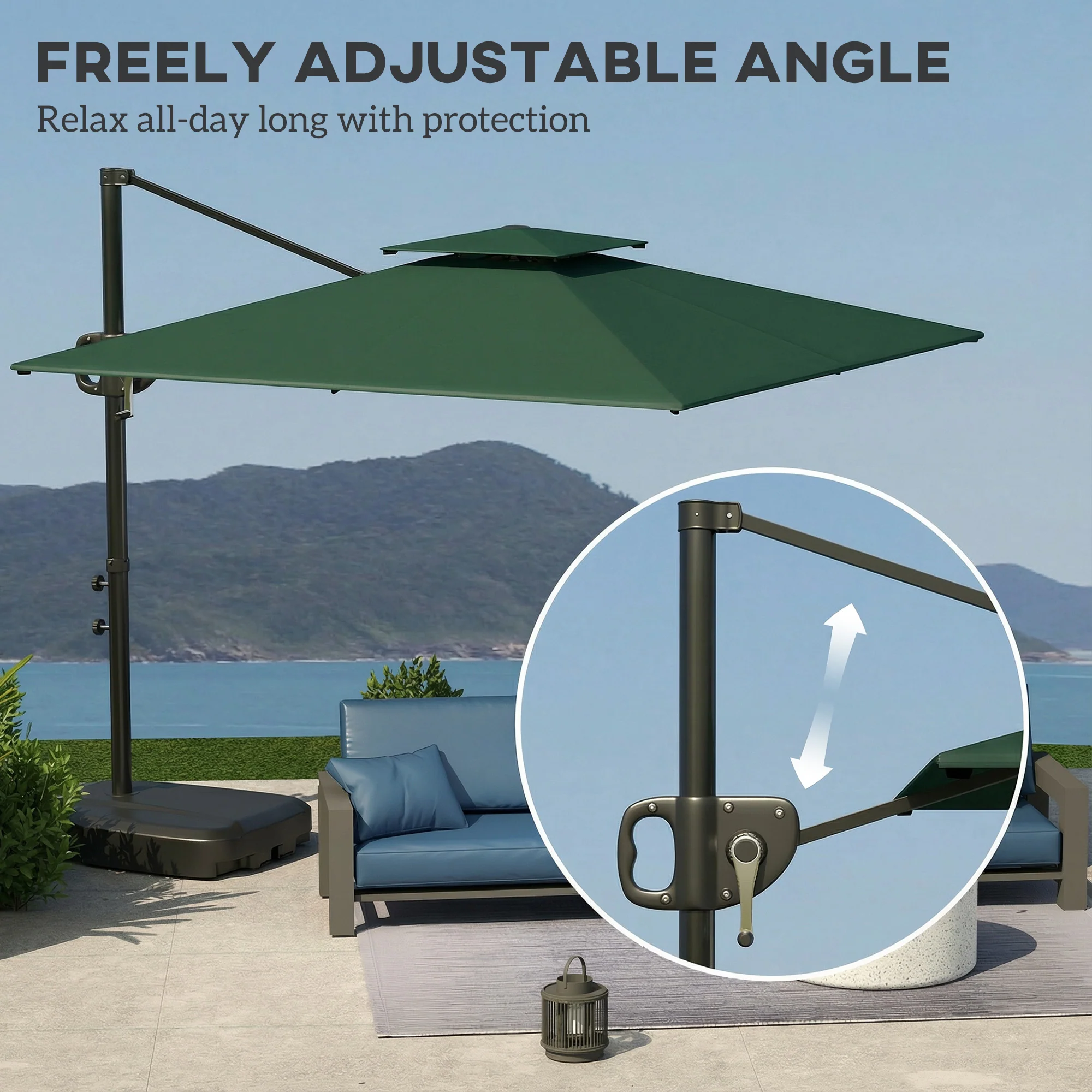 Outsunny Garden Cantilever Parasol w/ Weighted Base Tilt Crank Dark Green - Image 5