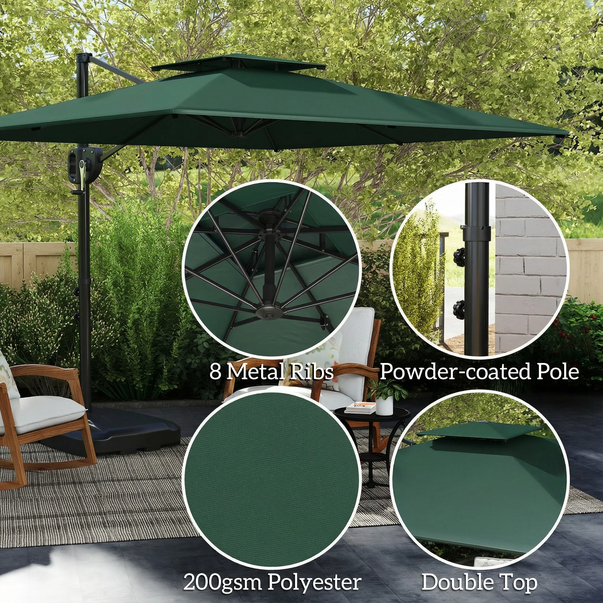 Outsunny Garden Cantilever Parasol w/ Weighted Base Tilt Crank Dark Green - Image 6