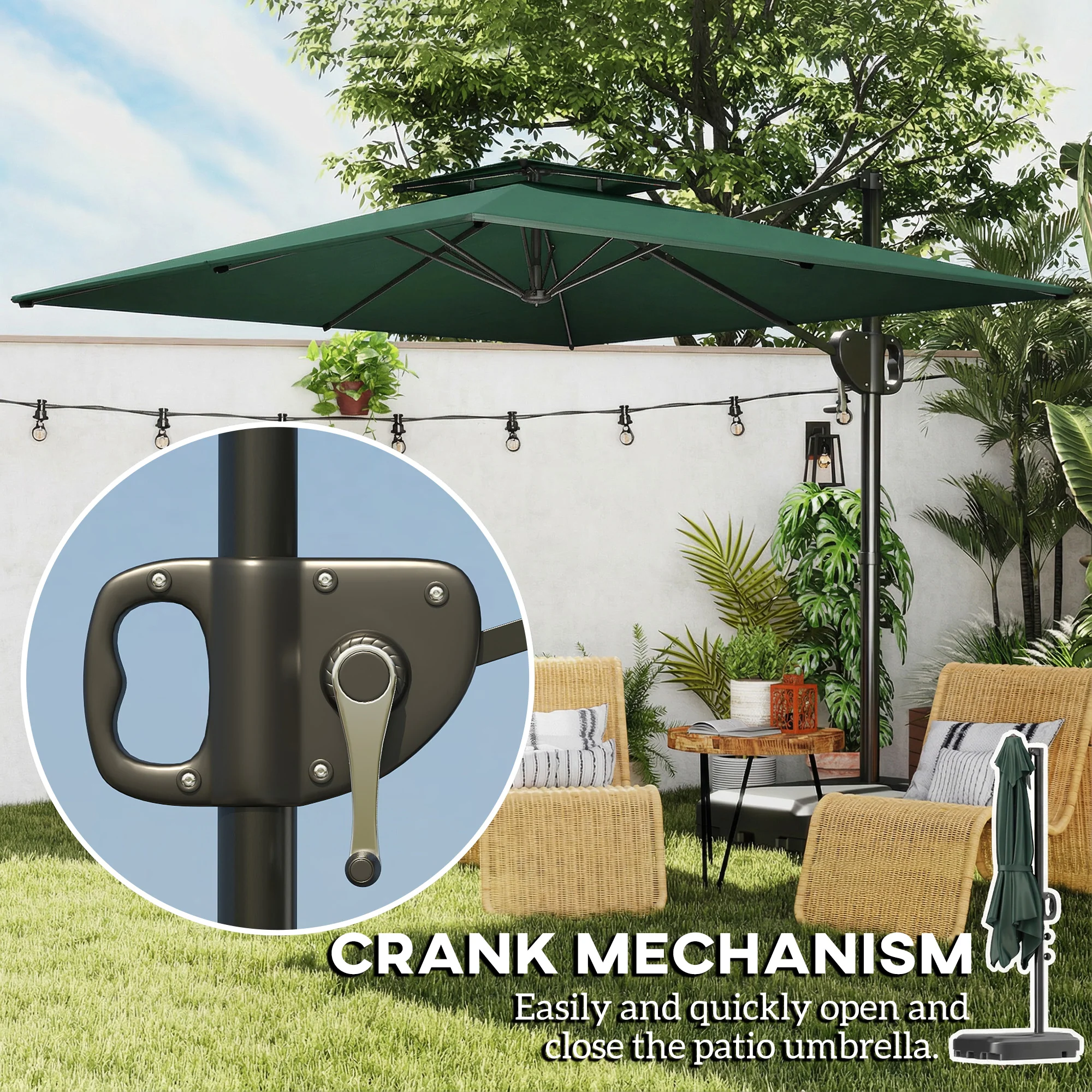 Outsunny Garden Cantilever Parasol w/ Weighted Base Tilt Crank Dark Green - Image 7