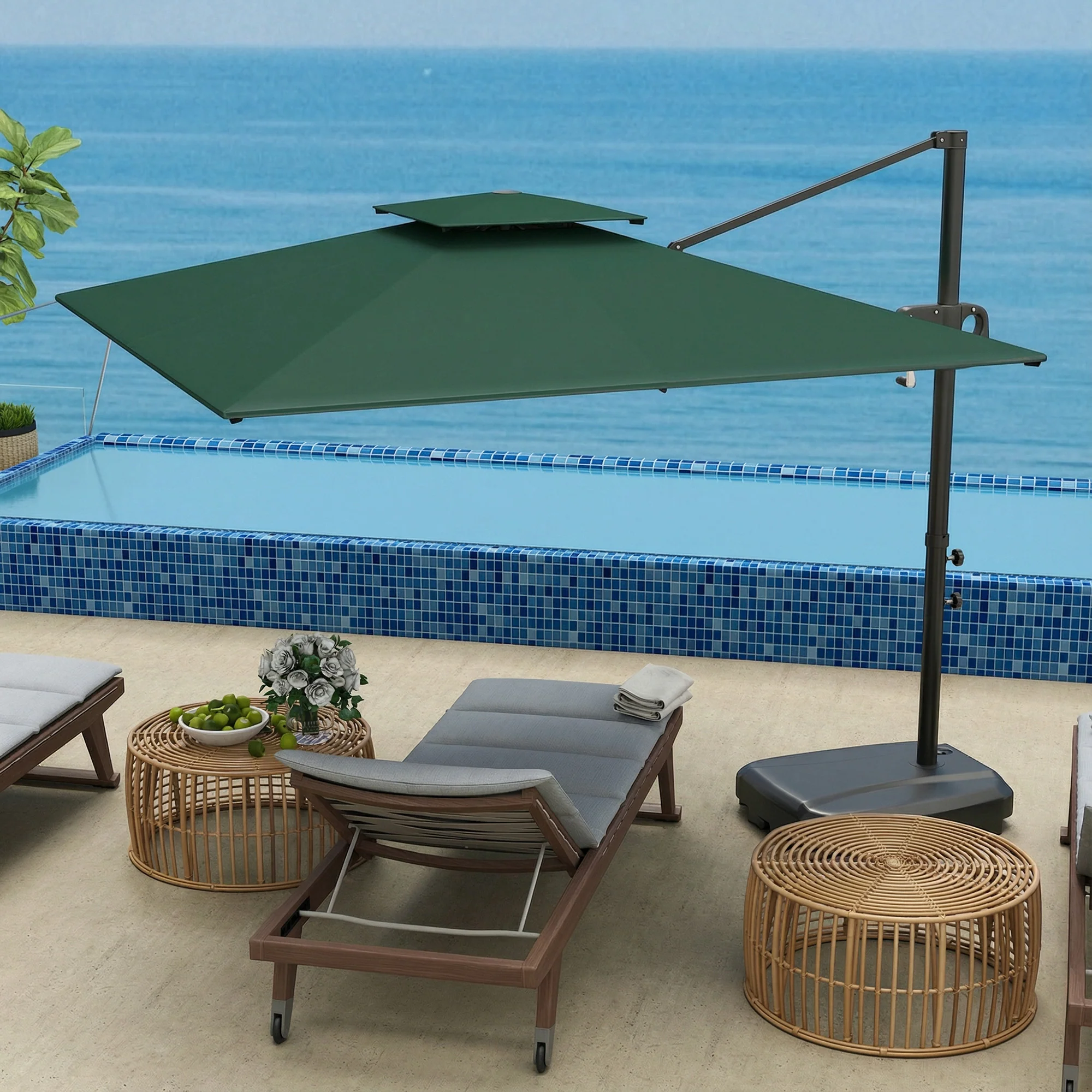 Outsunny Garden Cantilever Parasol w/ Weighted Base Tilt Crank Dark Green - Image 8