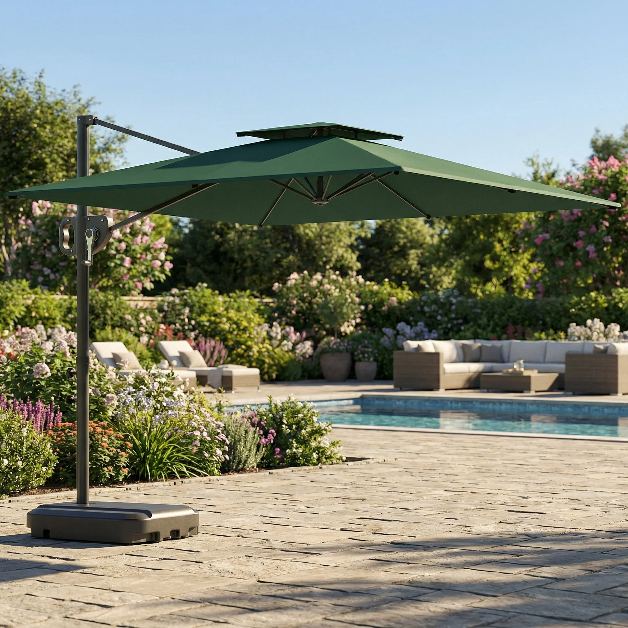Outsunny Garden Cantilever Parasol w/ Weighted Base Tilt Crank Dark Green - Image 9