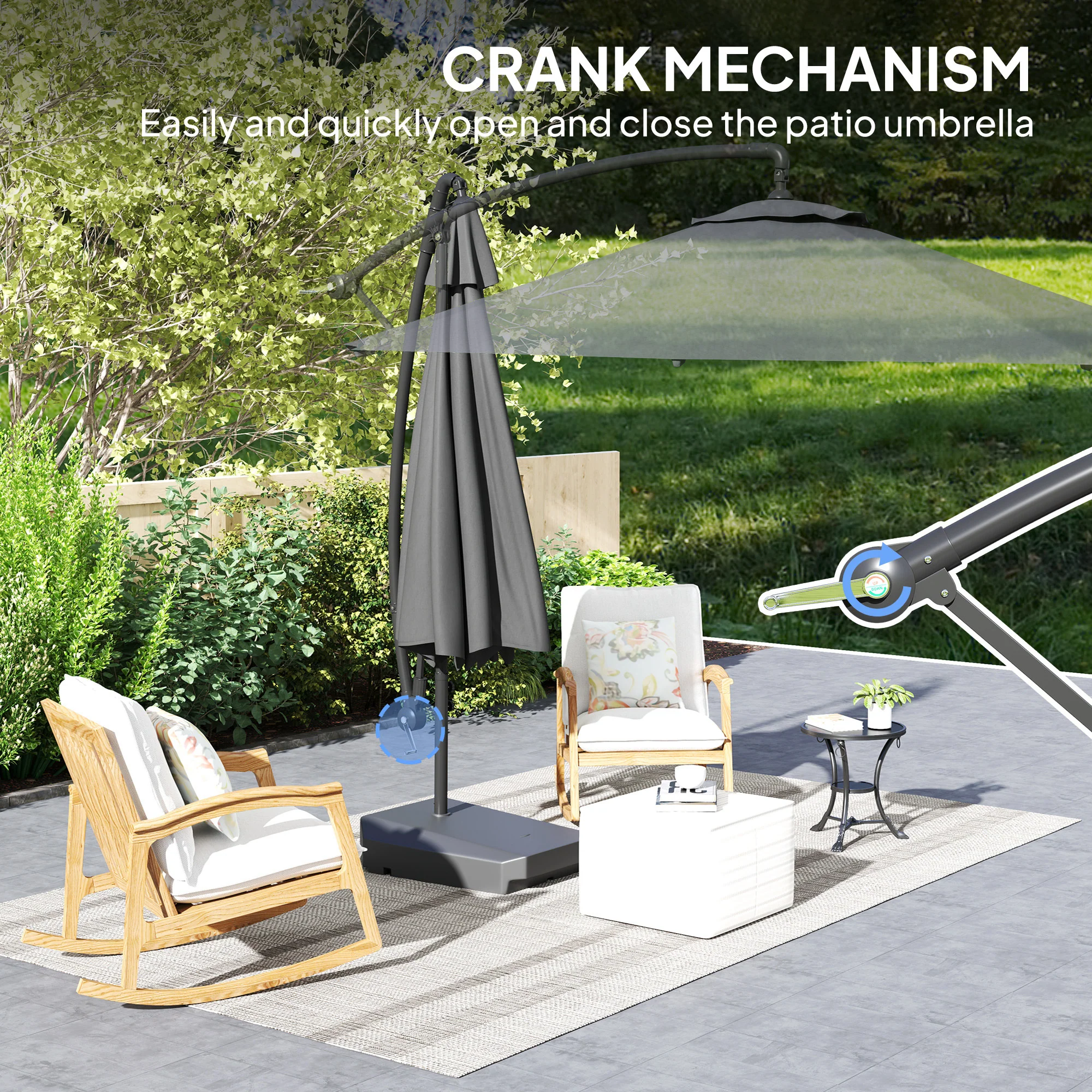 Outsunny Garden Cantilever Parasol with Cover Weighted Base Wind Strap Grey - Image 9