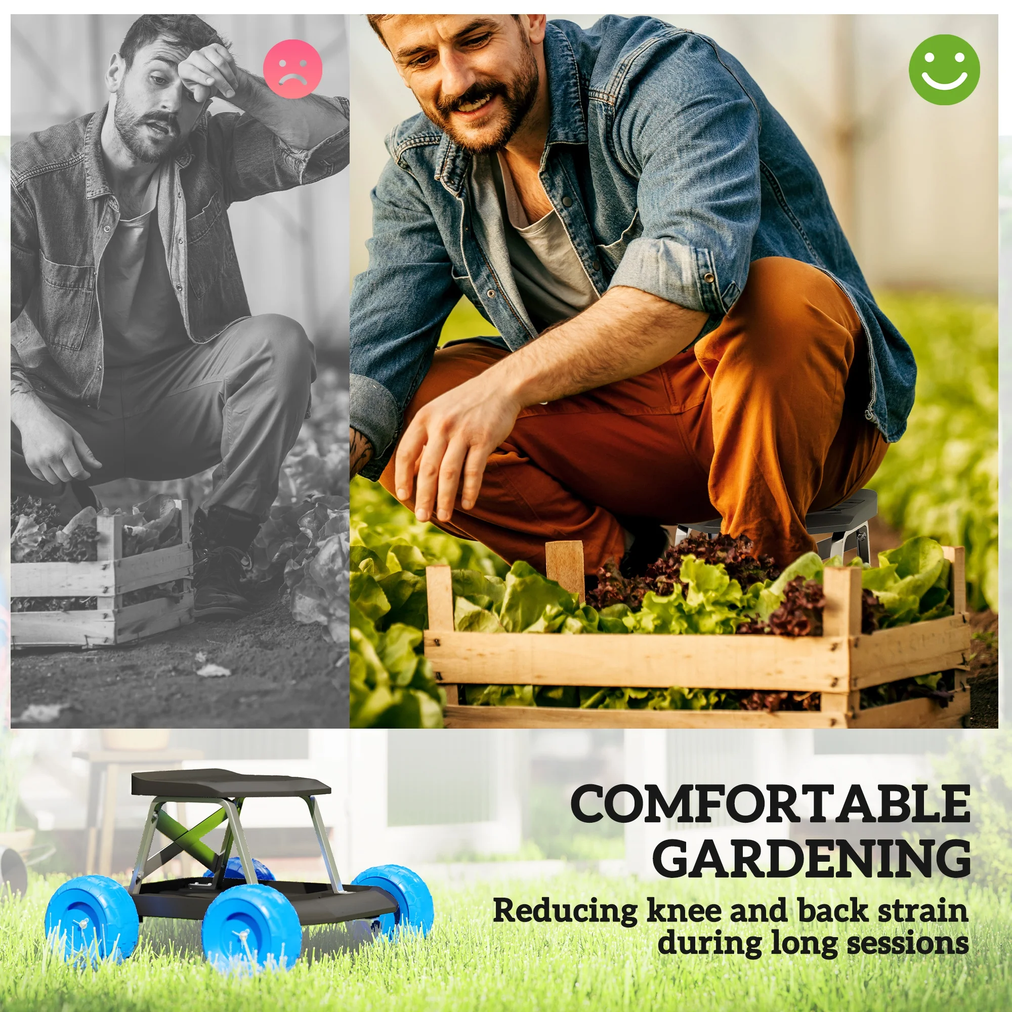 Outsunny Garden Cart With Wheels, Tool Tray For Weeding, Planting, Blue - Image 3