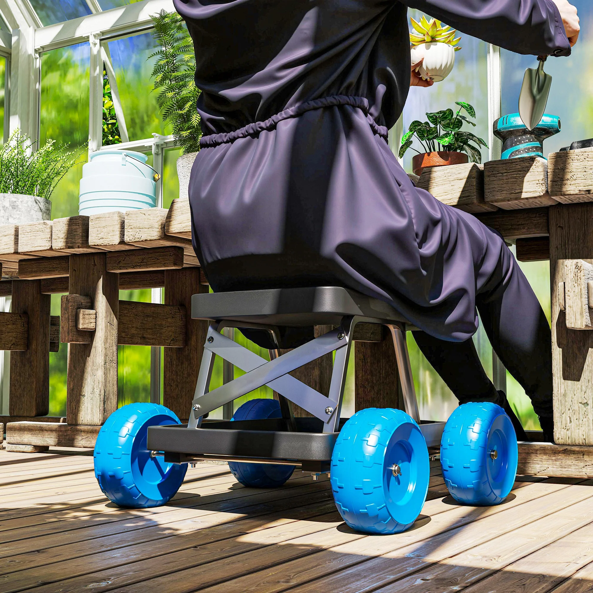 Outsunny Garden Cart With Wheels, Tool Tray For Weeding, Planting, Blue - Image 8