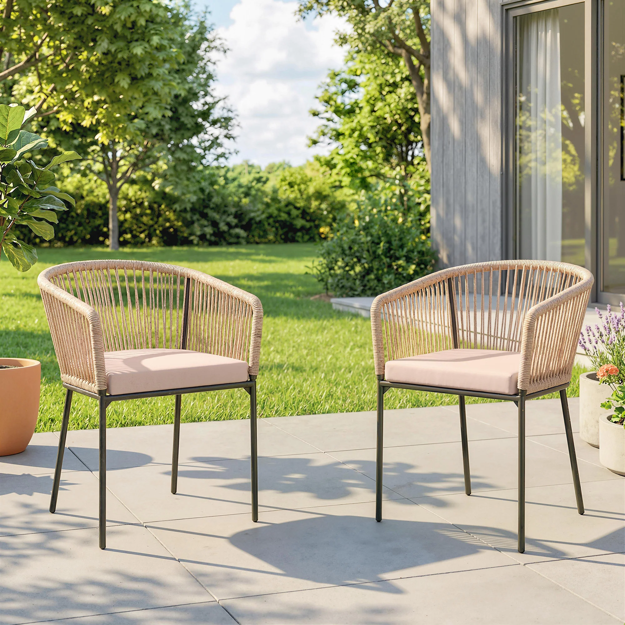 Outsunny Garden Chairs Set Of 2, Rattan Dining Chairs With Cushions, Natural - Image 2