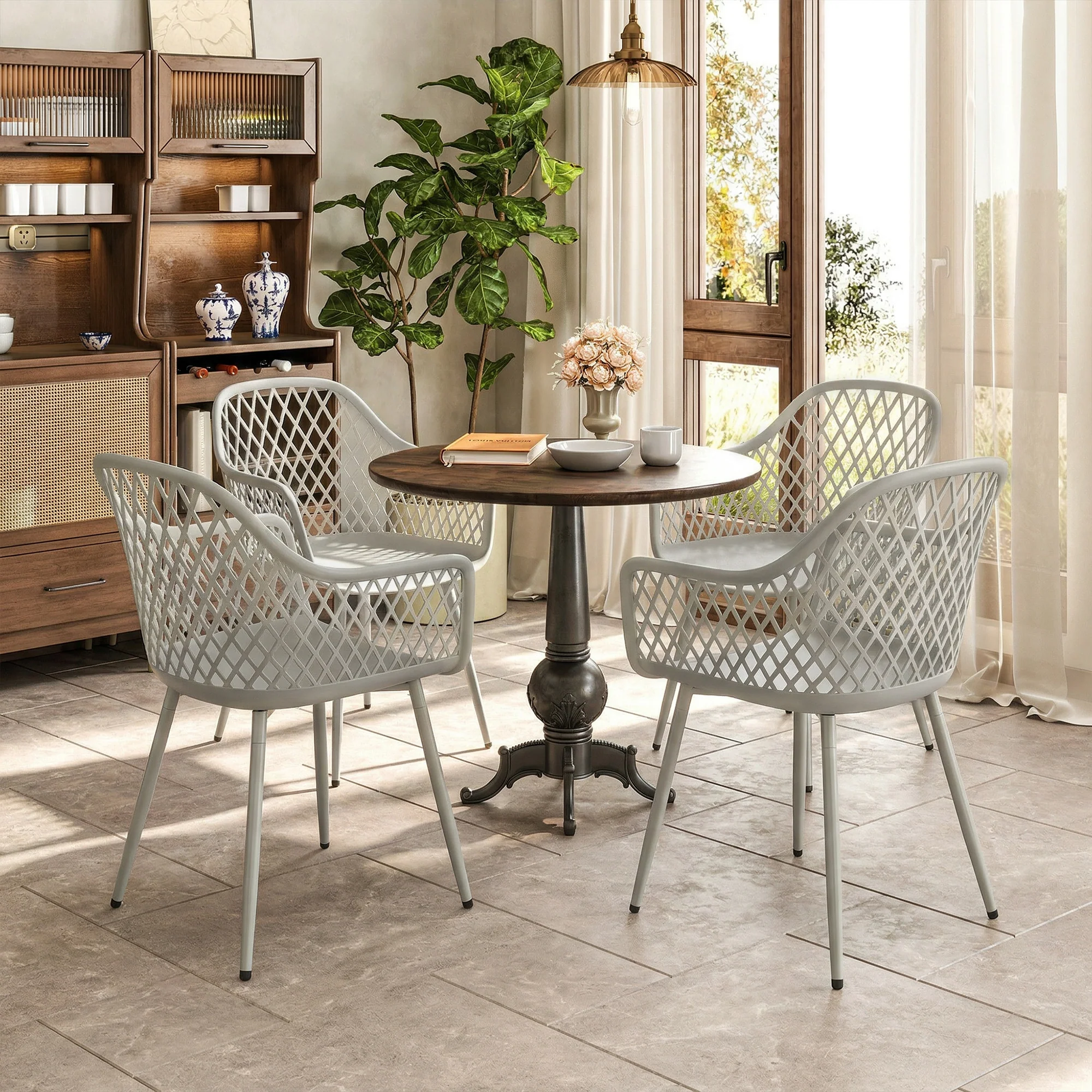 Outsunny Garden Chairs Set of 4, Garden Dining Chairs with Armrests, Grey - Image 9