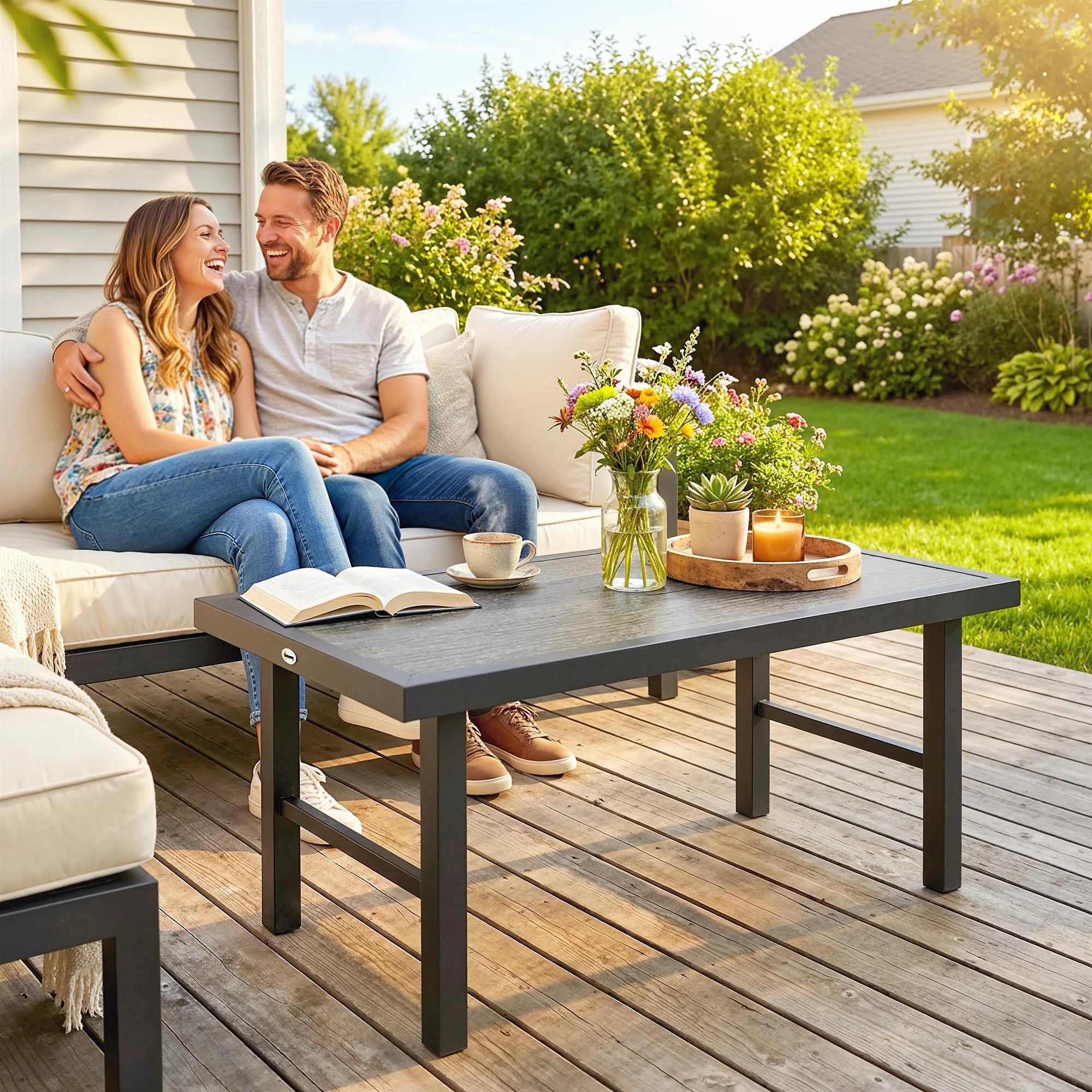 Outsunny Garden Coffee Table with SPC Woodgrain Tabletop, Dark Grey - Image 2