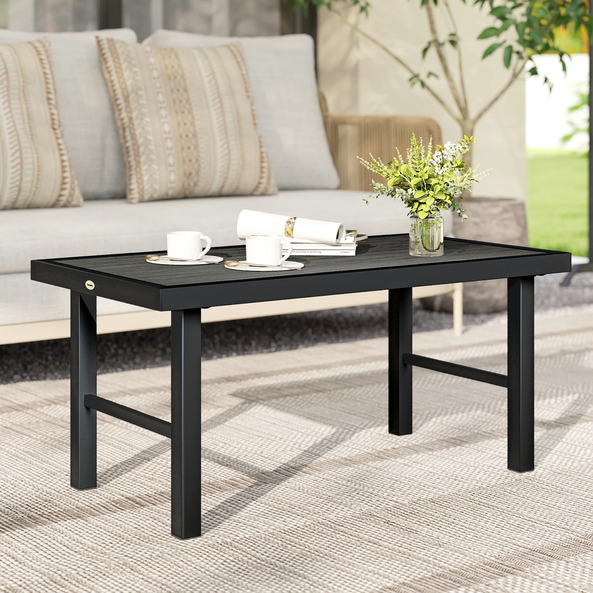 Outsunny Garden Coffee Table with SPC Woodgrain Tabletop, Dark Grey - Image 7