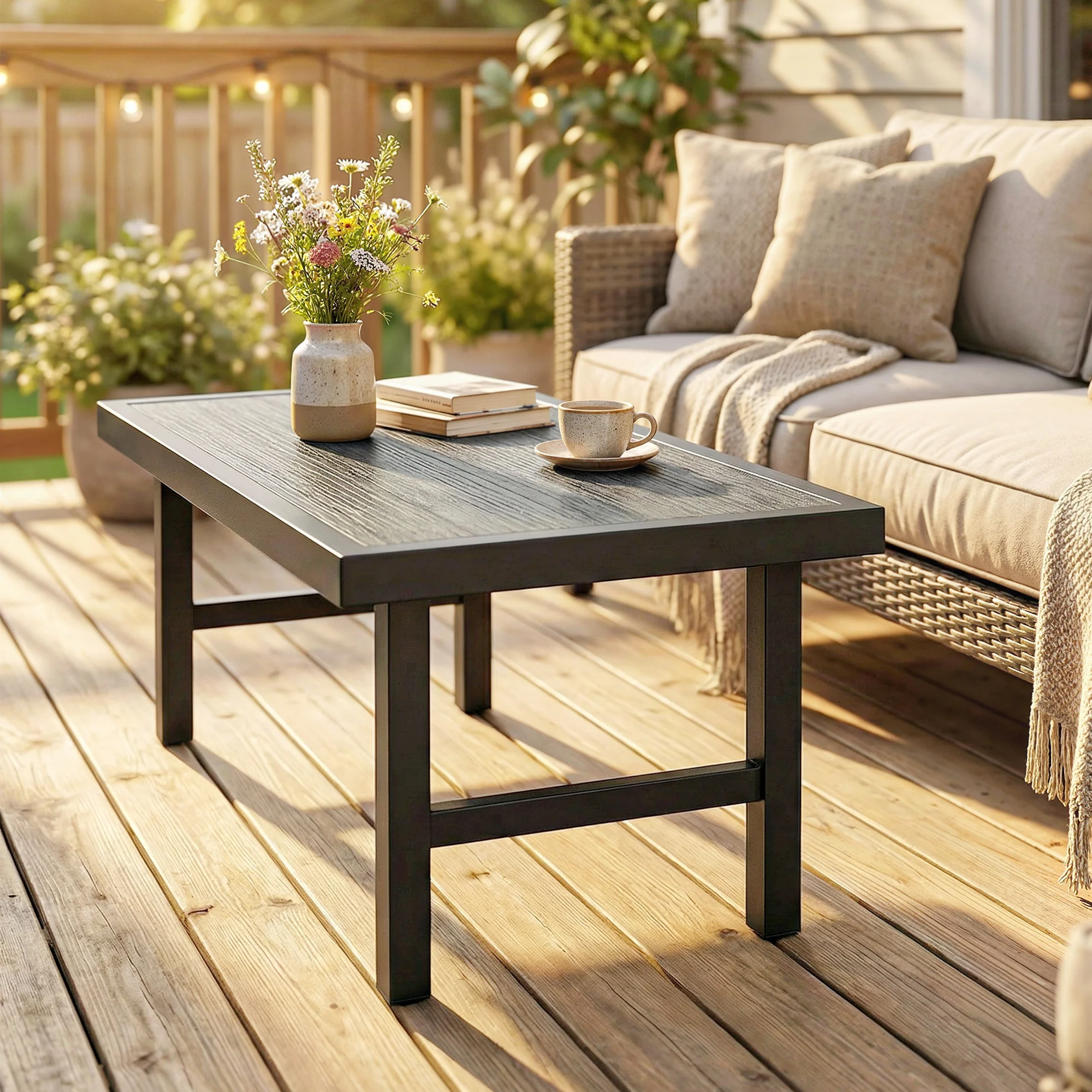 Outsunny Garden Coffee Table with SPC Woodgrain Tabletop, Dark Grey - Image 8